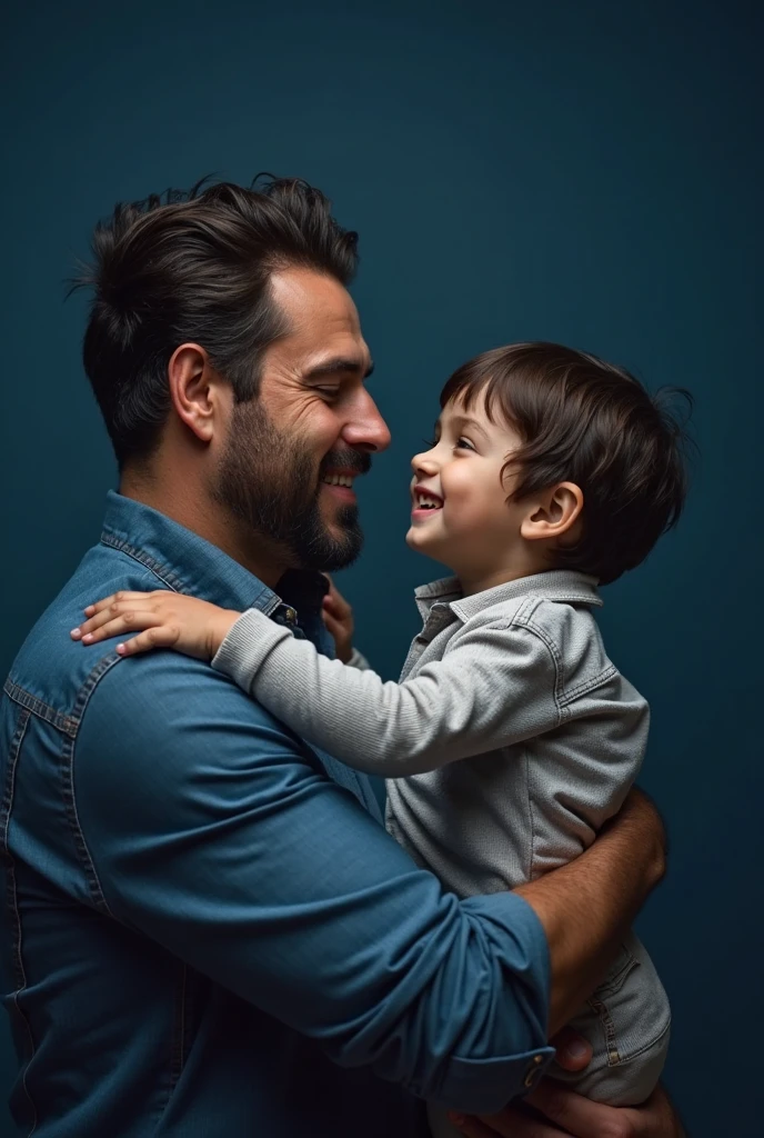 ((best quality)), ((masterpiece)), ((realistic cartoon)), ((perfect character)) - A heartwarming portrait capturing the love between a father and his 3-year-old son. The father, with a beard and graying hair, holds his little boy lovingly in his arms. Their happy expressions radiate joy and warmth, creating a scene of pure affection and connection. The image is meticulously detailed, rendered in UHD resolution with stunning realism, allowing every emotion and feature to shine through in this touching portrayal of a father and his son.