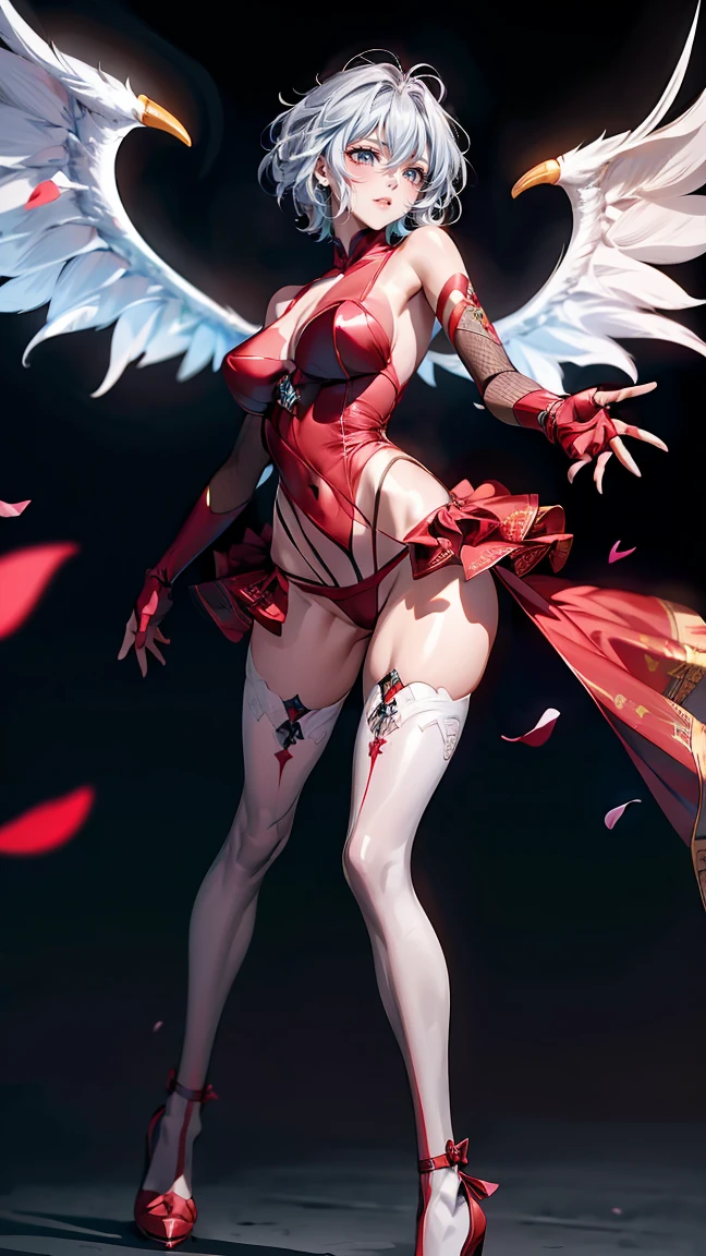 20 year old young woman( Long white hair ),(bright red eyes)<=(eyes HD lighting) (has red lips), beautiful eyebrows (badass expression) both hands have red bracelets on the arms (wears clothes made of transparent white cloth) (sexy white underwear model Garter Belt ) (has 6 large wings with a beautiful bright green color) (He wears gold bracelets on both feet) (sky setting at blue dark ) (there is an effect of bright red particles flying in the background, (flying) (pose during serious fighting) <=(lunging forward)giving an elegant and epic impression.dark atmosphere with bright particle light(many effects in background)