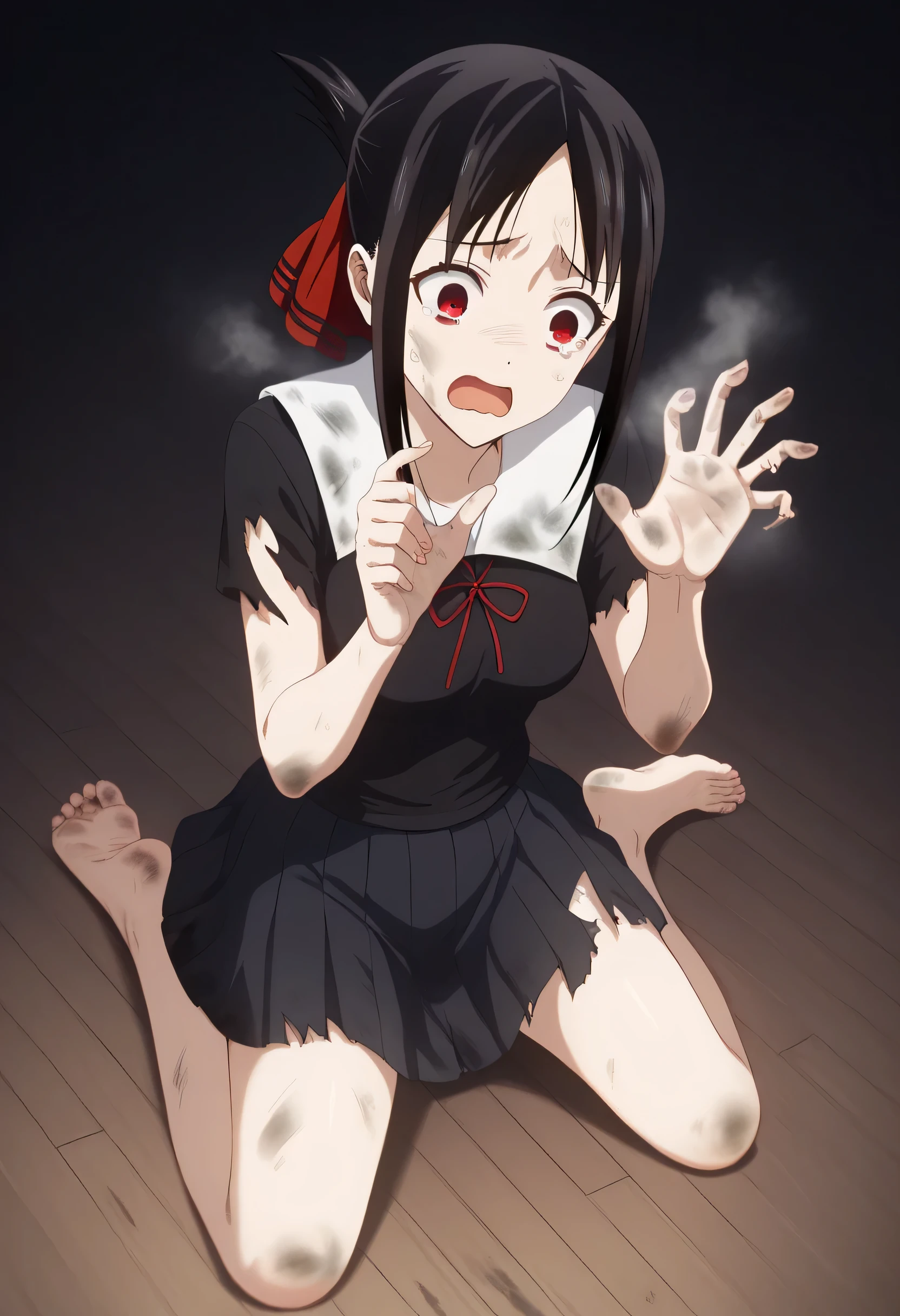 artwork, Top quality, a woman, Kaguya Shinomiya , Love is War, black hair, medium breasts, scared expression, red eyes, black shirt, school skirt, torn and dirty clothes, bare feet, kneeling on the floor, Beseeching pleading hands, black background, a lot of steam