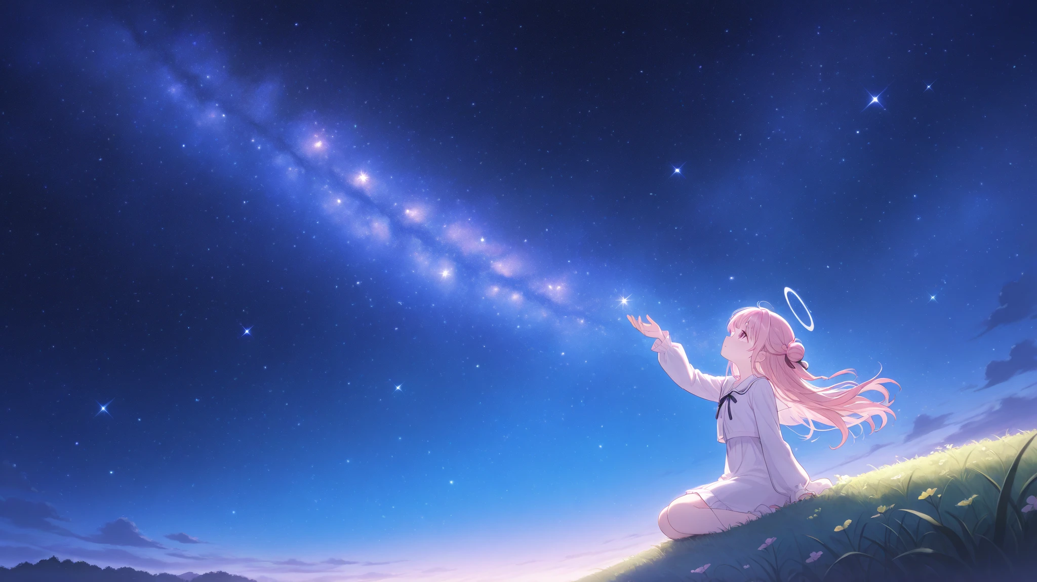 Describe the scene where a cute girl character is lying on a grassy hill looking up at the starry night sky, looking up at the starry sky. surrounding her with colorful nebulae and her favorite constellations.