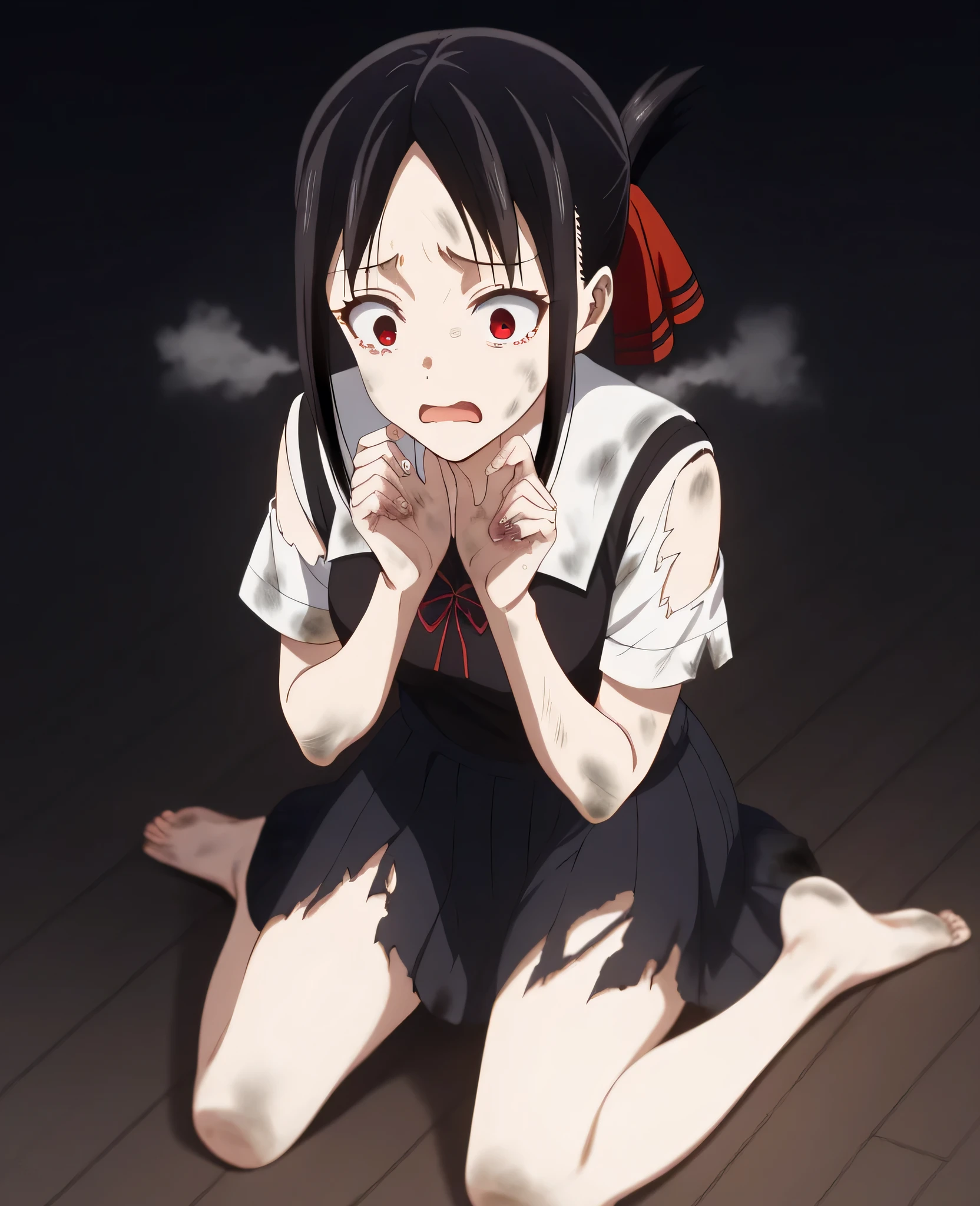 artwork, Top quality, a woman, Kaguya Shinomiya , Love is War, black hair, medium breasts, scared expression, red eyes, black shirt, school skirt, torn and dirty clothes, bare feet, kneeling on the floor, Beseeching pleading hands, black background, a lot of steam