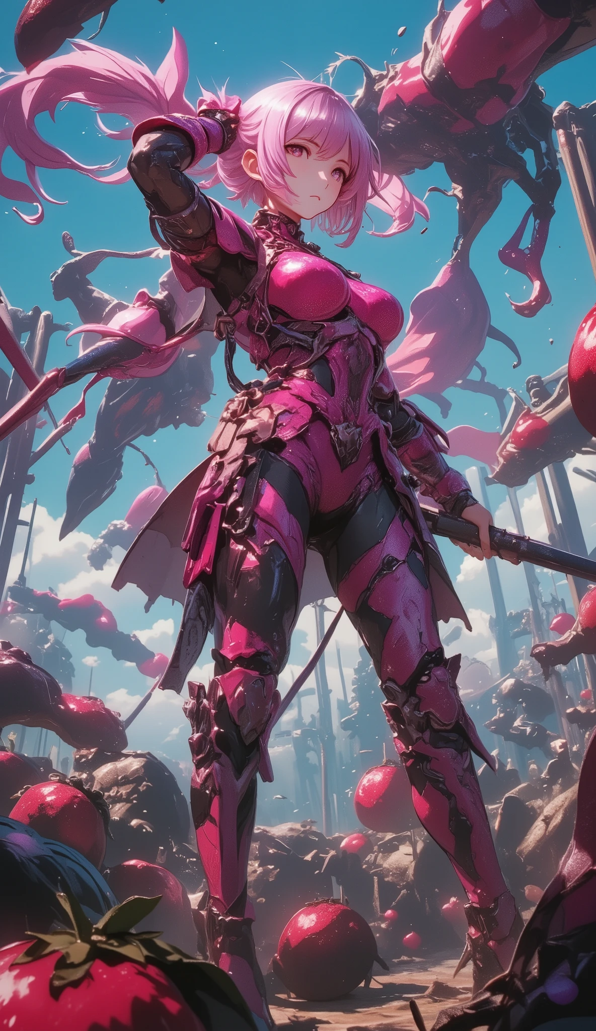 Lethal fruits Weapon, (watermelon bombs:1.8), (holding a strawberry colored long sword, holding watermelon colored shield:1.8)