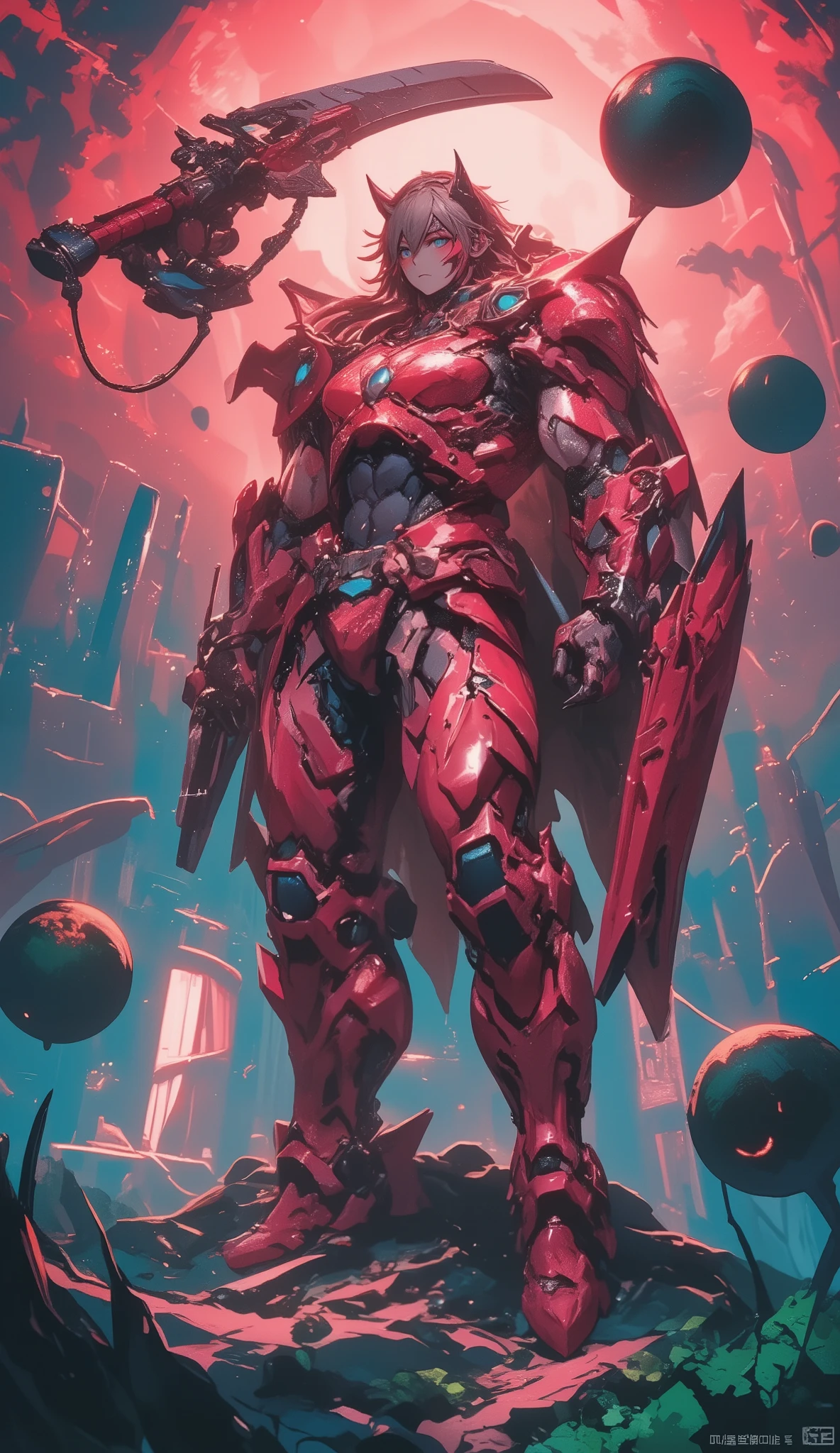 Lethal fruits Weapon, (watermelon bombs:1.8), (holding a strawberry colored long sword, holding watermelon colored shield:1.8)