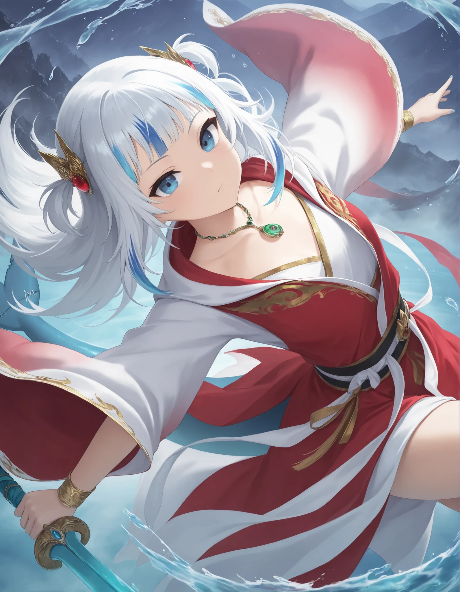 gawr gura,1girl,sword_immortal_robes, (qi_spiral:1.3), sleeve_flow, jade_pendant, floating_mountain_peaks
,masterpiece, best quality, newest, highres, absurdres,