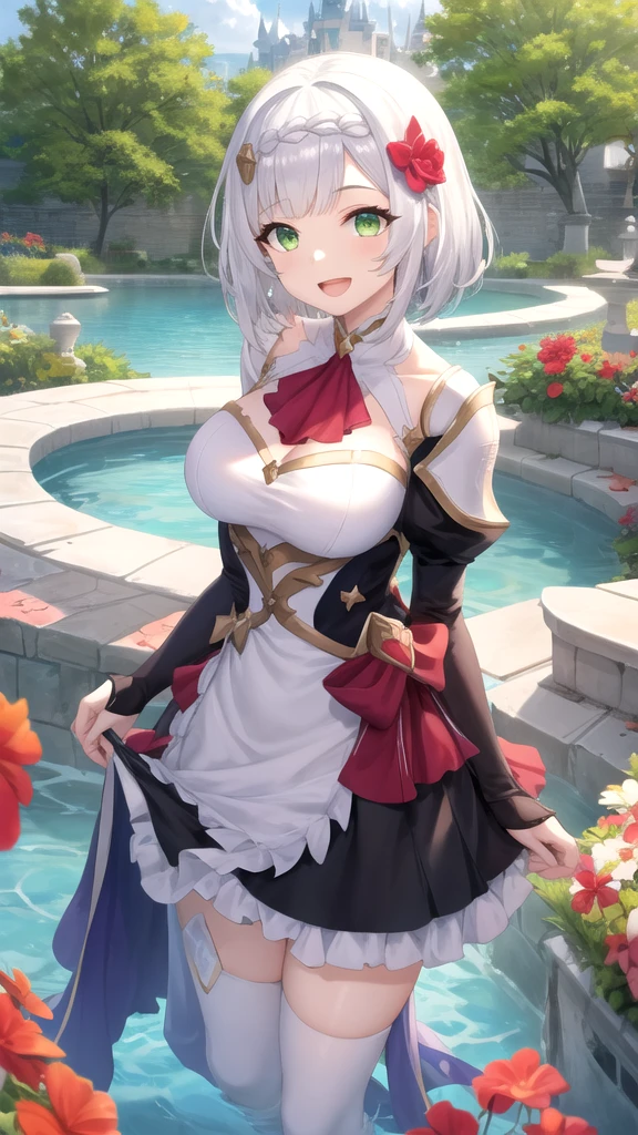 Vision, panoramic, view, depth of field, broken to pieces, Upper body, angle, masterpiece, best quality, Super detailed, CG, 8k wallpaper, pretty face, exquisite eyes, a girl, alone, Smile, silver hair, golden eyes, White skin, Hair, red scarf, White evening dress, Rose田, red flower, Rose, flower field, petal, Flying petal, Smile着