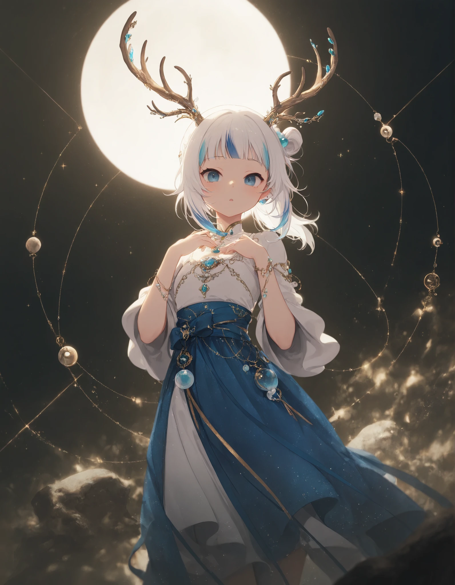 gawr gura,1girl,moonlight_snail_dragon, mother_of_pearl_shell, celestial_trail, antler_antennae, forgotten_observatory
,masterpiece, best quality, newest, highres, absurdres,