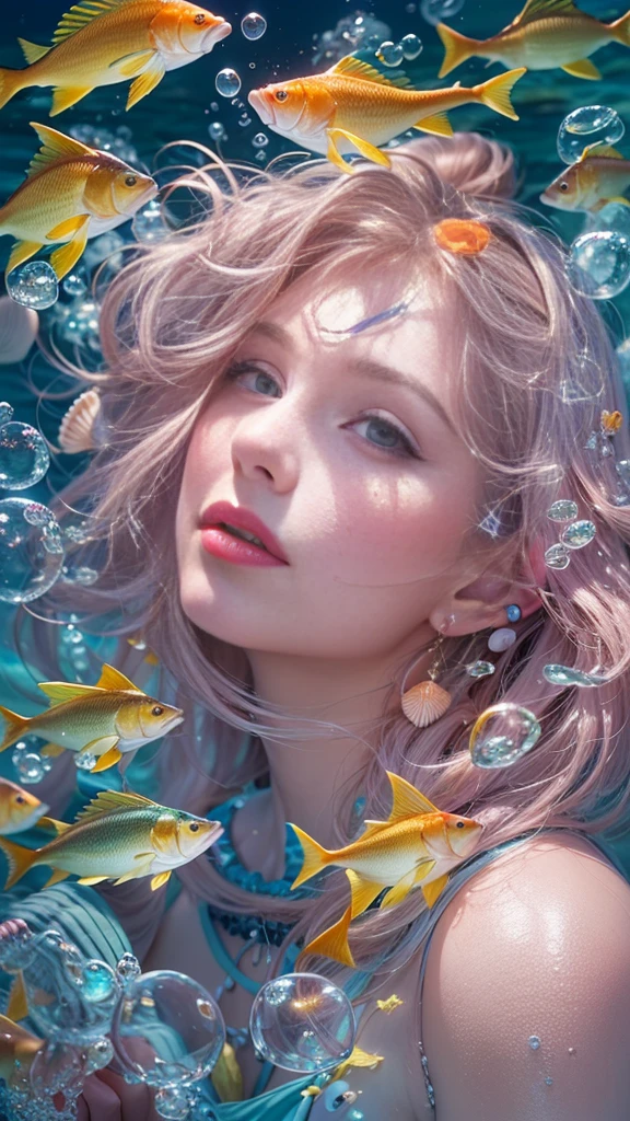 professional underwater photo, portrait of beautiful sicilian woman, mermaid, (upperbody human, ), crawling, talking underwater, (many bubbles around), (hyper realistic skin), eye makeup with excessive beautiful pretty makeup, almost happy, Fuchsia hair, (full of glowing fishes)+, (translucence seashells bikini)+, long reptile skin tail, voluminous beautiful eyes, horny, satisfied, in the darkness night, (moon light)+, (many colourful jellyfish glows)+, best quality masterpiece, photorealistic, detailed, 8k, HDR, shallow depth of field, broad light, high contrast, backlighting, bloom, light sparkles, chromatic aberration, sharp focus, RAW color photo