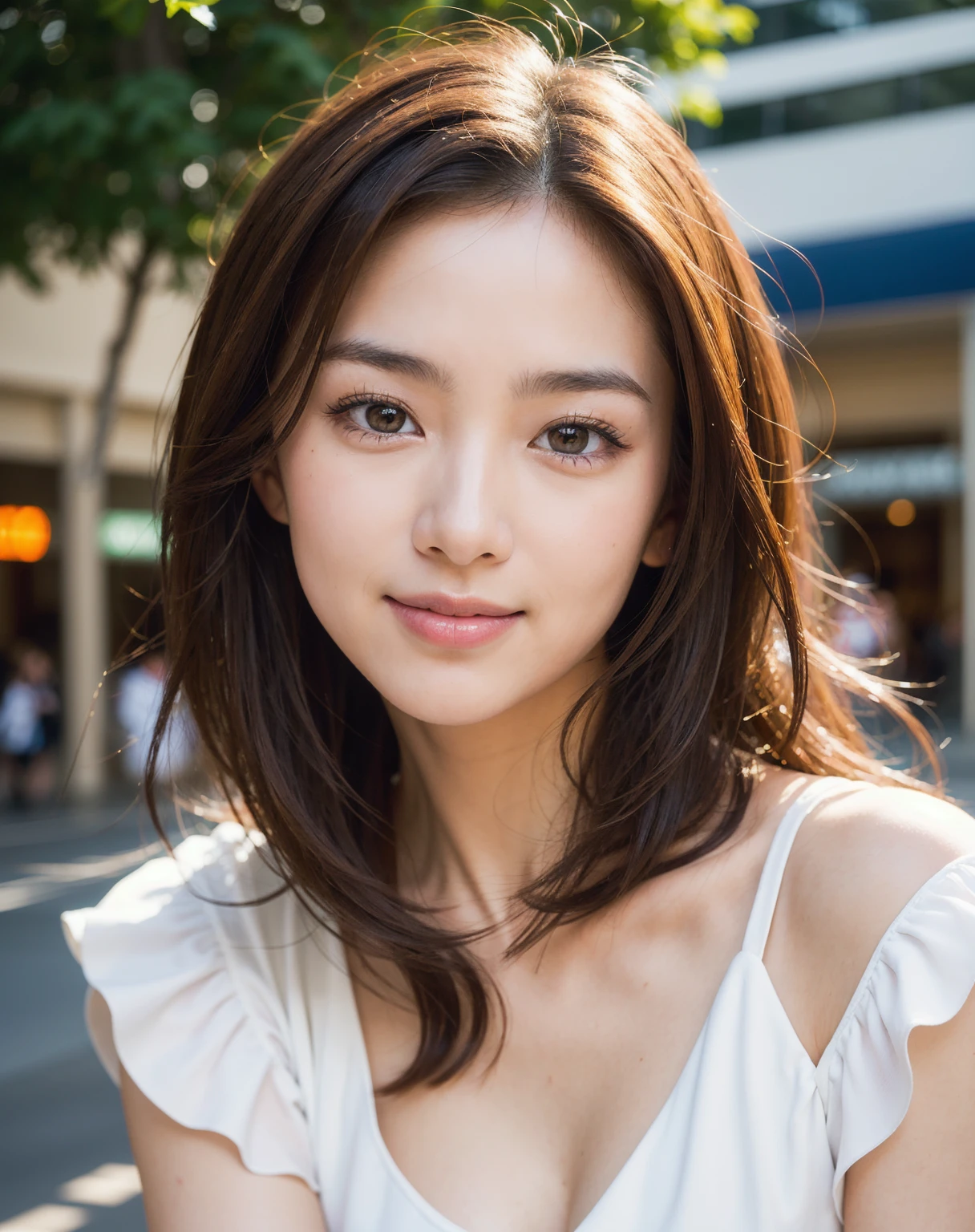 Night, Raw photography, (((Very beautiful portrait))), (Very beautiful portrait))), 1 girl, Sexy 25 year old girl, ((Long Hair Natural Brown Hair)), [Brown eyes],Gentle smile staring at the camera(cleavage), ((masutepiece, Best Quality, Ultra Detail, Cinematic lights, intricate detailes, High Definition, 8K, Very detailed)), Detail Background, 8K UHD, Digital SLR, Soft lighting, High quality, Film grain, 富士XT3, Shallow depth of field, Natural light, Perfect face