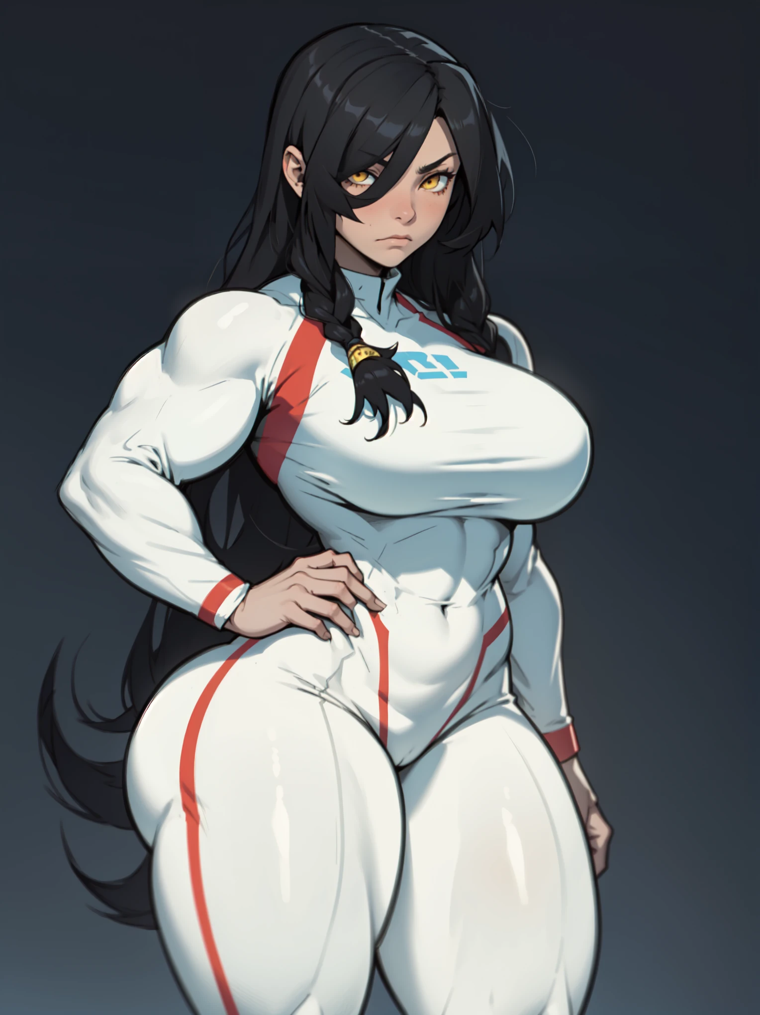1girl (((muscular toned body))) huge breasts thick thighs wide hips curvy abs black hair yellow eyes very long hair pale skin voluptuous angry blush bodysuit