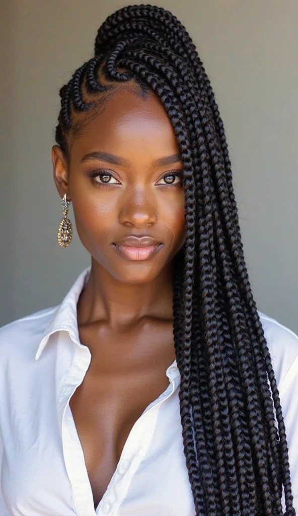A beautiful beautiful black woman, beautiful silhouette, Cutes + gentle lips+Businessman Tresse) are in a company . very realistic Ivorian communications manager