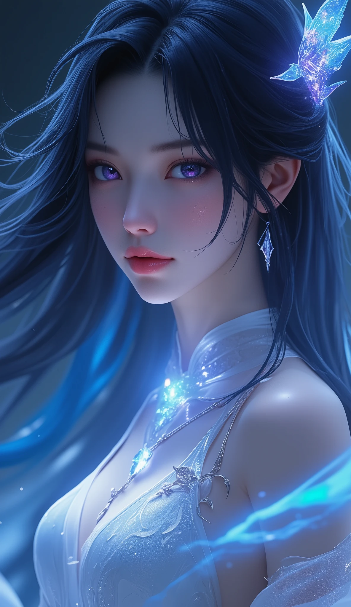 ultra realistic 8k cg, picture-perfect face, flawless, clean, masterpiece, professional artwork, famous artwork, cinematic lighting, cinematic bloom, perfect face, beautiful face, fantasy, dreamlike, unreal, science fiction, huge breasts, beautiful clothes, lace, lace trim, lace-trimmed legwear, (rich:1.4), prestige, luxury, jewelry, diamond, gold, pearl, gem, sapphire, ruby, emerald, intricate detail, delicate pattern, charming, alluring, seductive, erotic, enchanting, hair ornament, necklace, earrings, bracelet, armlet,halo
((,1girl, pov,))((1girl, water, solo, partially_submerged, blue_theme, long_hair, blue_background, blue_hair, wet, lips,blastoise, , sky)) <lora:DA_YanLinInWater:0.6>