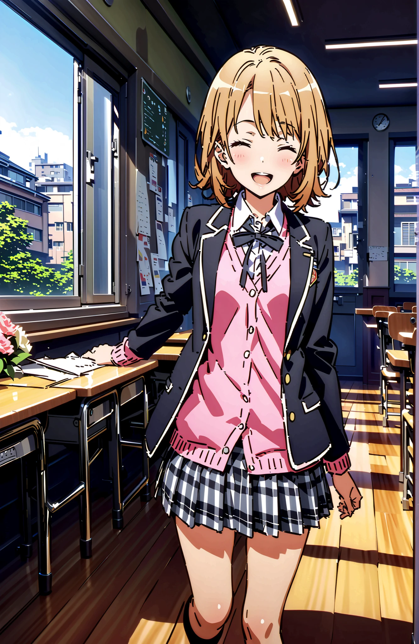 Irohaisshiki, Ishizaki Iroha, solo,short hair, brown hair,close your eyes,smile,blush,open your mouth,skirt for ears, shirt, ribbon, uniform, jacket, white shirt, opens clothes, open jacket, black jacket, plaid, plaid skirt for ears, blazer, cardigan, Black socks, pink cardigan, sobu high uniform, black high socks,holds a bouquet of flowers with both arms,standing, Beautiful Streetscapes, Beautiful Streetscapes,noon,curtains,window,machine,chairs,blackboard,全身がillustrationsに入るように,break indoors,Classroom,
break (masterpiece:1.2), top quality, high resolution, Unity 8k 壁紙, (illustrations:0.8), Highly Detailed Faces, perfect lighting on the table, extremely detailed CG, (perfect hand, perfect anatomy),