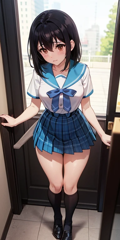 1girl, school uniform, skirt, solo, long hair, blue eyes, serafuku, black hair, sailor collar, shirt, long sleeves, blurry, looking at viewer, bow, blurry background, white shirt, stairs, pleated skirt, black skirt, smile, blue bow, bangs, depth of field, black sailor collar, standing, indoors, neckerchief, closed mouth, bowtie, blue skirt, akebisailor, Girl seen from the floor, It's okay to wear a skirt, View from below, I can see my panties, medium breasts, ((Very detailed)), (Perfectly detailed face), (Highly detailed hands), Photorealistic images,White panty,up skirt,Lace panties, Girl seen from the floor, It's okay to wear a skirt, View from below, I can see my panties, medium breasts, ((Very detailed)), (Perfectly detailed face), (Highly detailed hands), Photorealistic images,White panty,up skirt,Lace panties, a girl shirt and skirt, seated showing her underwear, ((a view from below)), stockings or pantyhose, ((upskirt)), camel toe, sexy underwear, medium breasts, legs open, (very detailed), (perfectly detailed face), (detailed face), (detailed hand), photorealistic image.