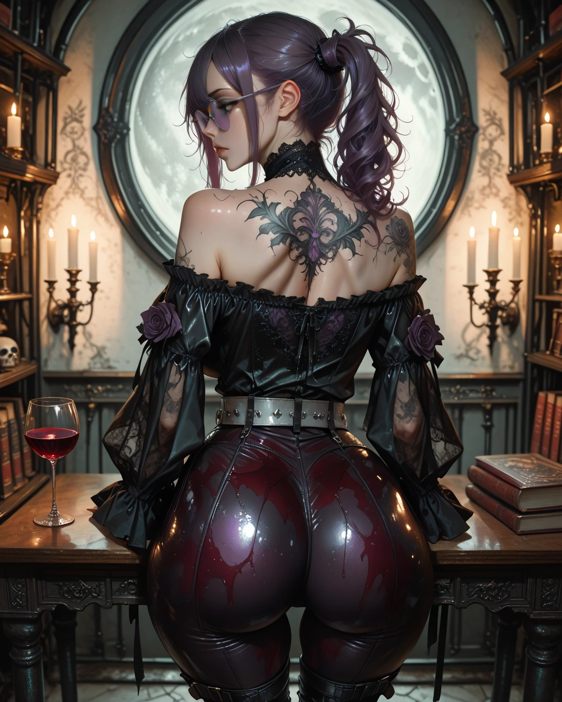 1Punk and mature goth milf, see-through mesh lowleg panties pulled down, pantsing, sexy, skulls and flames, vampire, open legs, legs spread wide open, busty, curvy hips, pubic hair,