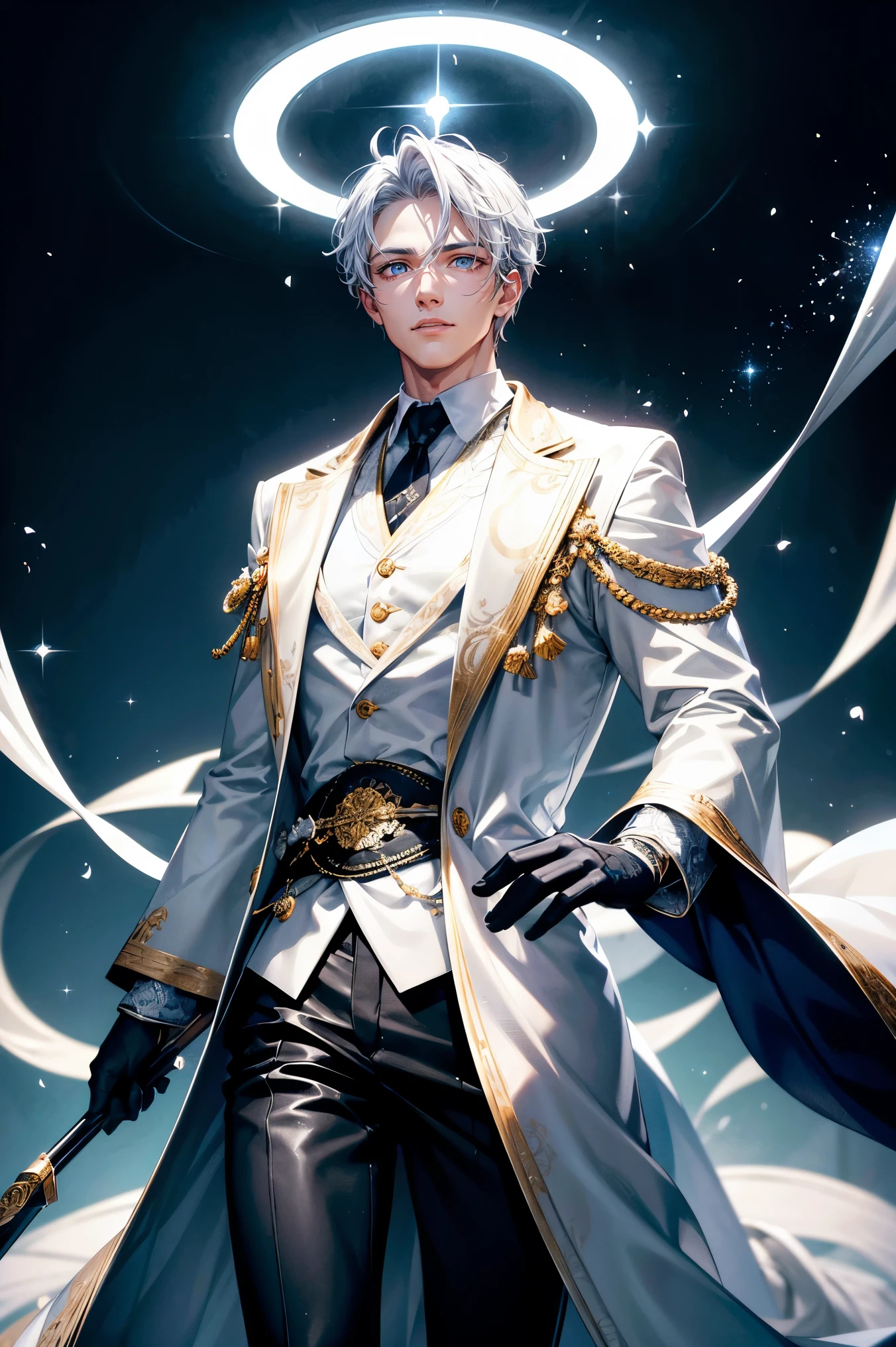 anime.Constantine the Great, Roman Emperor Constantine the Great resurrected in modern times。34 years old。one adult male。Long body。broad shoulder。thick neck。eyes like a lion。Bright and sharp eyes。Looking here。Sincere and kind。Kind and reliable。Deal with it sternly if necessary.。talented and hardworking businessman。successful gentleman。careerist。he is wearing a high quality white suit。dark purple tie。Light purple shirt。forceful。An overwhelming sense of control。romance novel hero。Bold composition。look up to。lyrical。Dramatic。heartful。Romantic。opulent。elegan。elegance。Venice background in the sunset。​masterpiece。top-quality。Super beautiful。The ultra -The high-definition。detaileds。exquisite。