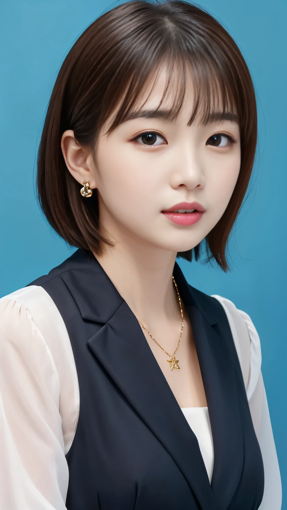 High resolution, Very detailed, Intricate details, 、ear piercing、Expressionless、short hair、Black Hair、Please open your mouth a little、Clear beauty,(High quality fabric, Office Lady Suits 、Necklace around the neck、, The background is the office