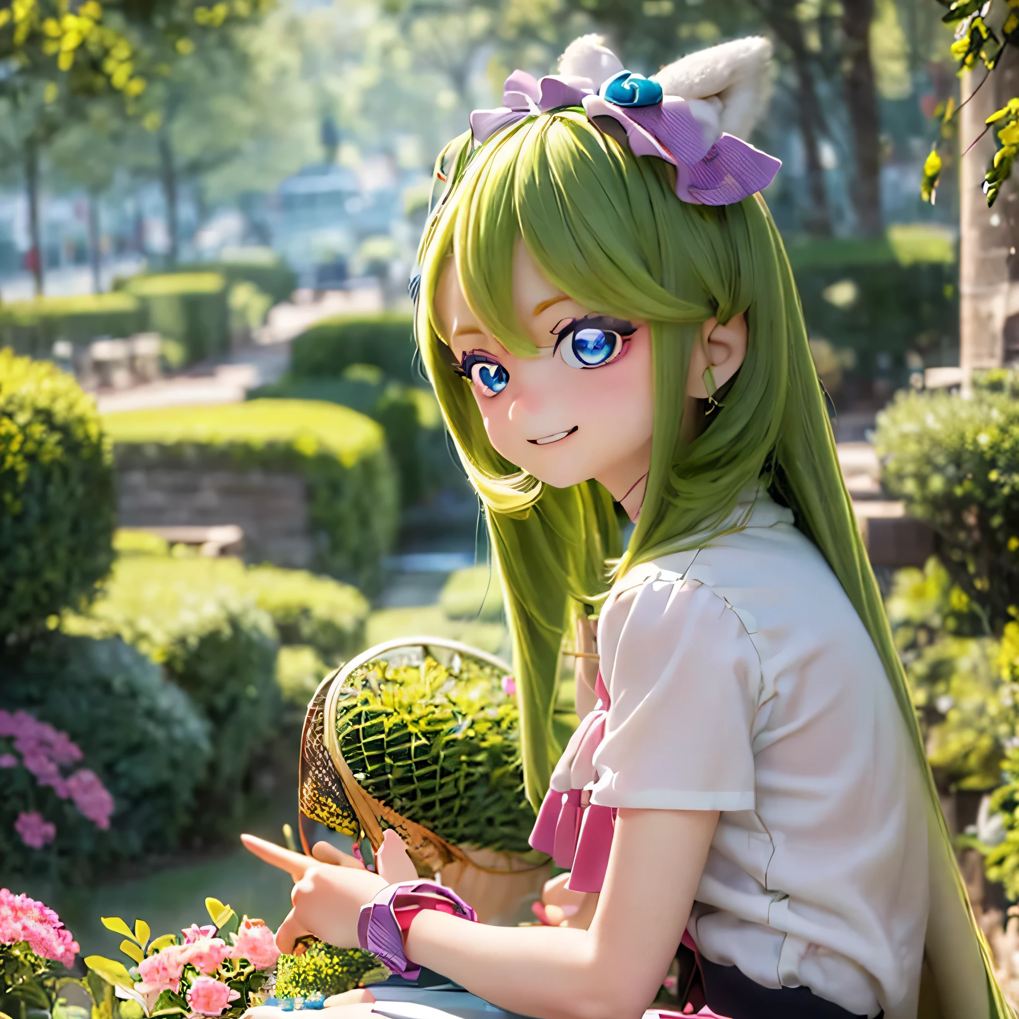 プリキュア、田舎の風景ちび、若い女の子、1girl,long hair,blue eyes,cute,smiling,sitting,grass,trees,flowers,afternoon_sunlight,4k,ultra-detailed,vivid colors,photorealistic,professional