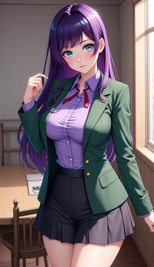 masterpiece, best quality, highly quality ,Maya-Natsume-KJ, cleavage, very long hair, school uniform,  blue jacket, pantyhose, green plaid skirt , ahoge , selfie , school