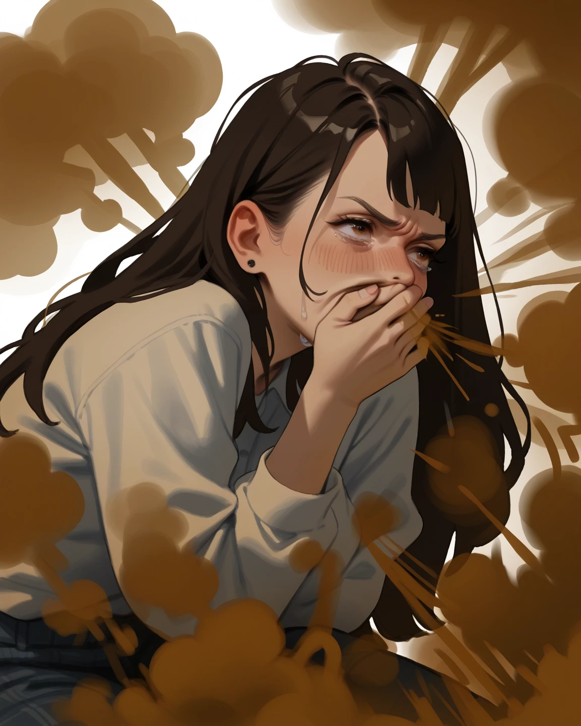 2girls, Disgusted, in love, sniffing her lap, farting, fart, fart cloud coming f - SeaArt AI
