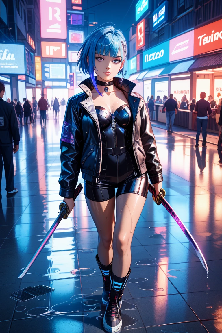 (full body photo:1.9), (A Kawaii Woman:1.5), (wearing red metal cyberpunk outfit|black|futurist blue+with a blue jewel on her breastplate:1.4), (she's in a futuristic city with lots of flying cars+at night+raining hard:1.5), (she has mohawk hair roza:1.3), (she has blue eyes:1.3), (she's holding futuristic weapons+sorting+staring at the viewer:1.5), Hyperrealism, 16k, best quality, high details, UHD