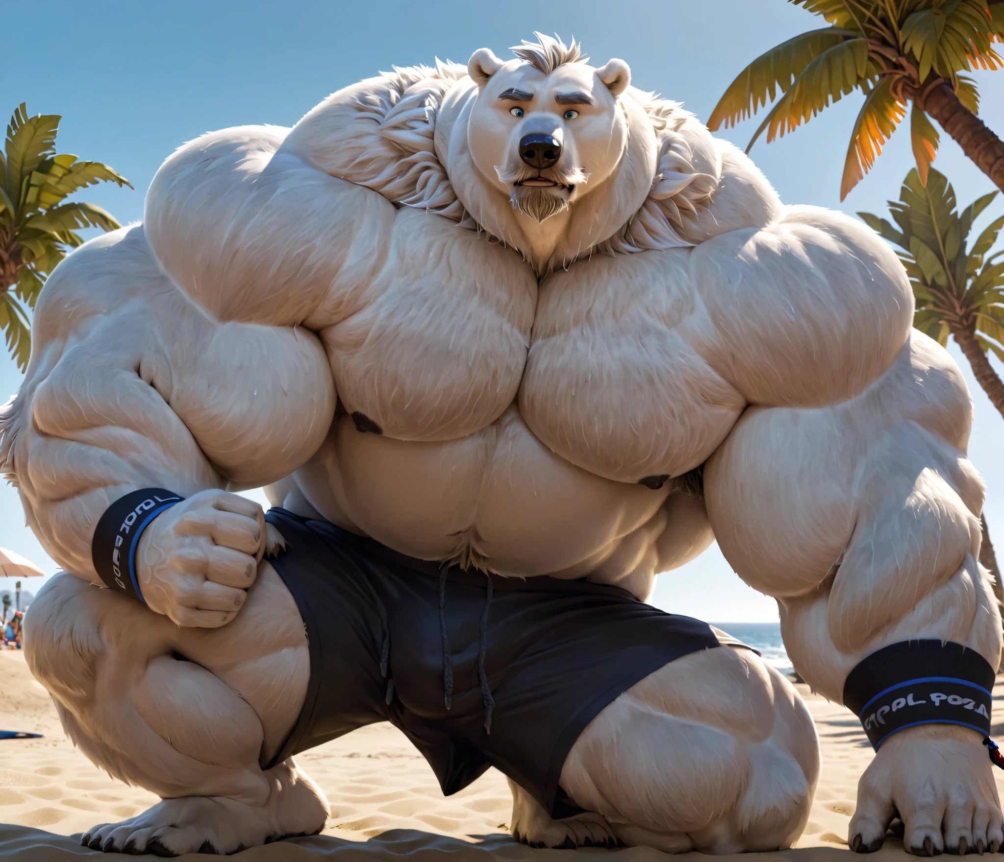 huge bulked up muscular polar bear in Californian beach, big grunting noise, big bulked up flexing body, polar bear, huge white fur, thick arm, huge arm, added gray mustache, added gray beard, buzz cut, weight: 440lbs, (veiny bulked up muscular, pectoral, wide pectoral, thick bulky arms), Zootopia, 8k, masterpiece, detailed gray eyebrows, detailed blue eyes with blue pupils, (wearing black short trunks, wristbands, shirtless, topless, half naked and feet), flexing. Seeing how strong he is. Back arched. Shoulders up, roll forward. Elbows out. Forearms at a 30 degree bend. 
