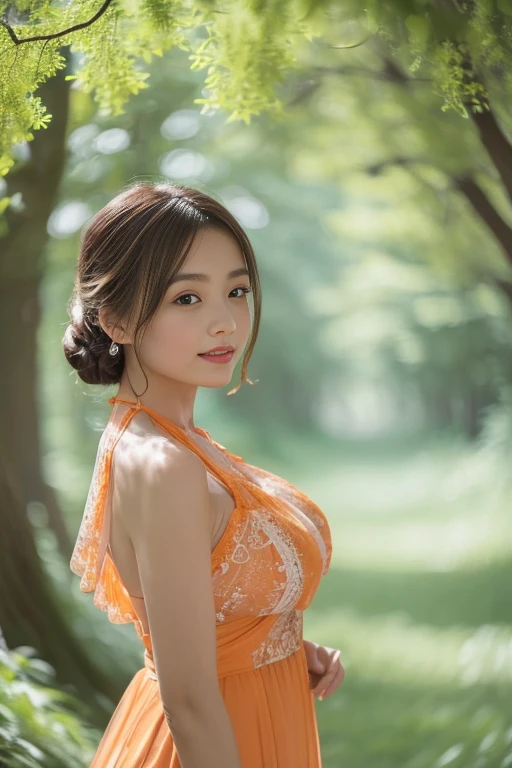 Fashion model 20 years old [[[[closeup cleavage]]]], [[[[boobgasm]]]], [[[[coll]]]], [[[[bshoulders]]]], perfect  eyes, Perfect iris，Perfect lips，perfect teeth，Perfect skin，Long face，slender nose，tall nose bridge，Soft front light，hdr，Movie girl，Pink cheongsam，Red cheongsam，White cheongsam，long whitr hair，Long hair with a shawl，Long hair like a waterfall，Green trees and flowers in the background，（pastel colour：1.2）