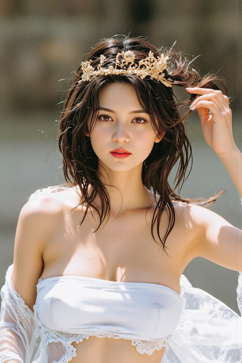((Realistic lighting, Highest quality, 8k, masterpiece: 1.3)), Clear focus: 1.2, shut up., Balanced Eyes, Detailed beautiful delicate face,(Detailed beautiful delicate eyes:1.32),Written boundary depth, cute, cute, Looking at the audience, cute, Idol, Baby Face, (((Super big breasts))), (((Super plump body))), smile, beautiful_feet, Shining Eyes, blush, Perfect body,Red wedding dress,(Boat neck:1.5), Bridal Tiara, Wedding Veil, Bridal Gloves, whole body, Long Hair, Cozy bedroom, On the bed, sunlight, Earrings, necklace, model, Looking at the audience, positive, Absurd, (Highest qualityの詳細:1.42), ((High Ponytail)), Realistic,8k高解像度, Very detailed, High-quality texture, Intricate details, Detailed Texture, finely, Attention to detail, Very detailedCG, High Quality Shadows,Messy Hair, Floating Hair, On all fours, The Absurdity of exposed cleavage,Thighs,((Low angle shot)), look forward to,forward leaning posture
