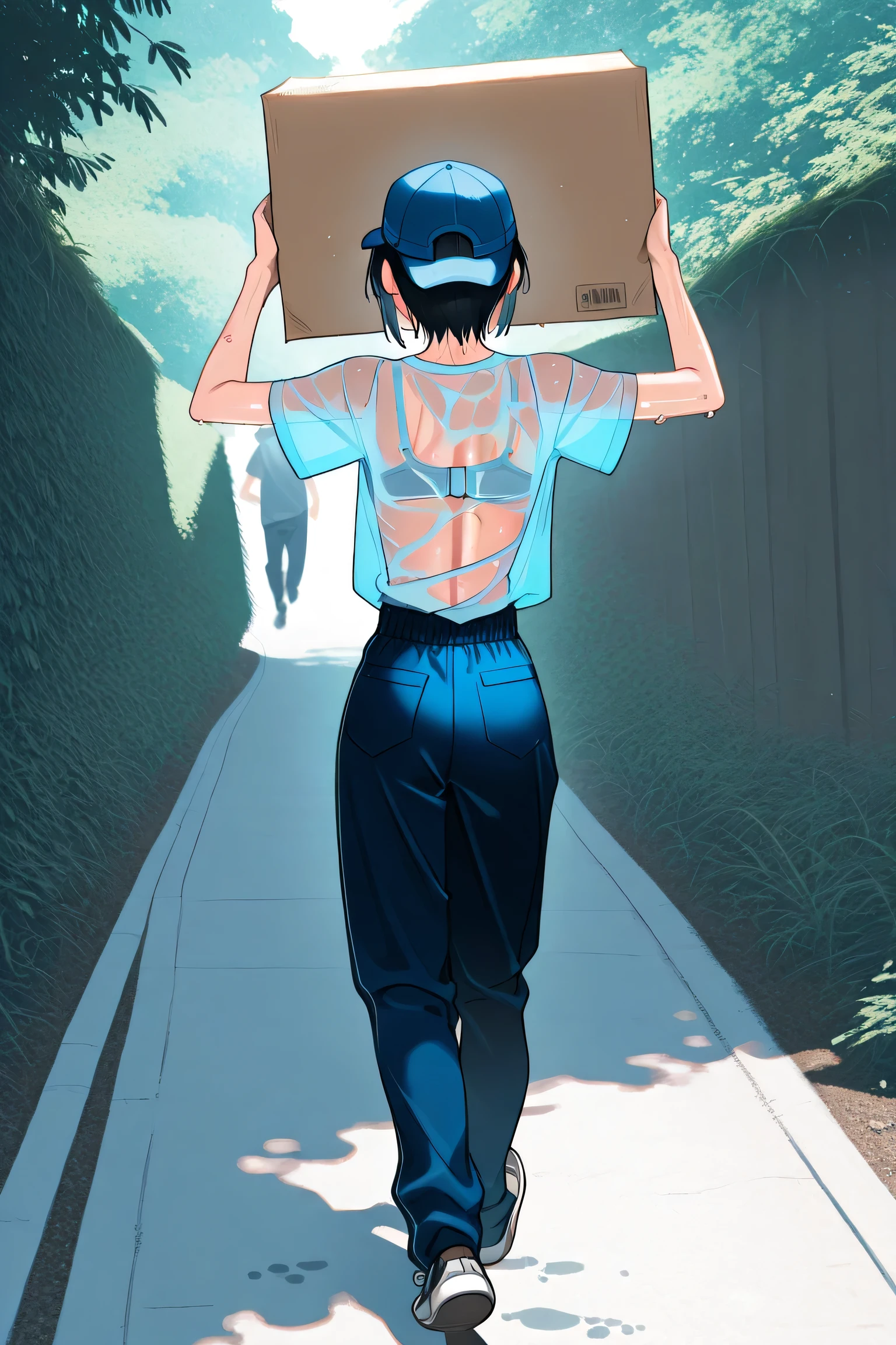 moving workers、(Blue short sleeve shirt)、skinny pants、The line on the is transparent、Carrying a large cardboard、Blue Cap、(short hair)、Wakai Female、Japanese、sweaty、is running、full body shot、cap and panda、The bra is see-through on the back of the shirt、Japanese Streetscape