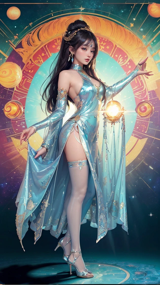1 27-year-old girl, 1 zodiac goddess from the future, 12 zodiac goddess pink purple, 12 zodiac goddess face sexy thin yellow nightgown, long thin nightgown 12 zodiac many limbs sexy black lace detail, mythical goddess of the 12 zodiacs from the future, zodiac ♏, luxurious glittering zodiac style, dark and mysterious version, zodiac crown, lipstick red lips, thin and pretty lips, don't smile, keep your mouth shut, characters created by karol bak and pino daeni, intricate detail, detailed background, extremely detailed, light magic, a woman, clear face, looking at the upper body of the goddess of the zodiac, round breasts, big and round breasts, phoenix hair brooch, long hair with bangs, (Long hair has 7 colors like rainbow:1.9), beautiful detailed face and well-proportioned eyes, (transparent yellow eyes: 1.8), big round eyes and very beautiful and detailed makeup, visionary, long silk nightgown, mysterious makeup, Bracelets, side bangs and dye pale yellow, upper body, (zodiac goddess upper body: 1.8), drooping arms, Realistic and vivid photo, (stars that make up the zodiac: 1.7), ( sky zodiac and fictitious space and time portal: 1.8), fiction art, RAW photo, hanfu photo, best photo , high_res, best quality, best photo, 8k quality, 8k ultra , surrealism, the most economical real photo, artistic portrait of 12 zodiac signs, 1 symbol of 12 zodiac signs behind, single portrait of 12 zodiac goddess, The most realistic color scheme, best photo color, masterpiece, hair ornament, necklace, jewelry, Beautiful face, upper body, tyndall effect, photo realistic, dark studio, border light, two tone light, (detailed skin) high: 1.2), 8k uhd, dslr, soft light, high quality, volumetric light, candid, Photo, high resolution, 4k quality, 8k, Bokeh, Smooth and sharp, pixel up 10 times, Charming zodiac goddess, sexy zodiac goddess, (background space: 1.8), (galaxy: 1.7), aurora, lightning, (Aurora Background: 1.8) <lora:locon_perfecteyes_v1_from_v1_, beautiful goddess and flowers,