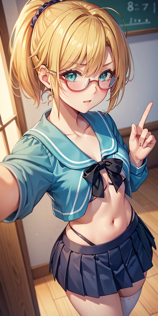 masterpiece, best quality, AiHayasakaV4, 1girl, solo, breasts, blush, blue eyes, blonde hair, hair ornament, hair between eyes, nail polish, side ponytail, black glasses, scrunchie, hair scrunchie, blue nails, blue scrunchie, ((naked body:1.4)), medium cleavage, ((sitting on floor:1.4)), wet, bathroom, sticks out, butt, ((happy face)), bare legs, ((feets)) ((show feets)), looking at viever, ((selfie:1.4))