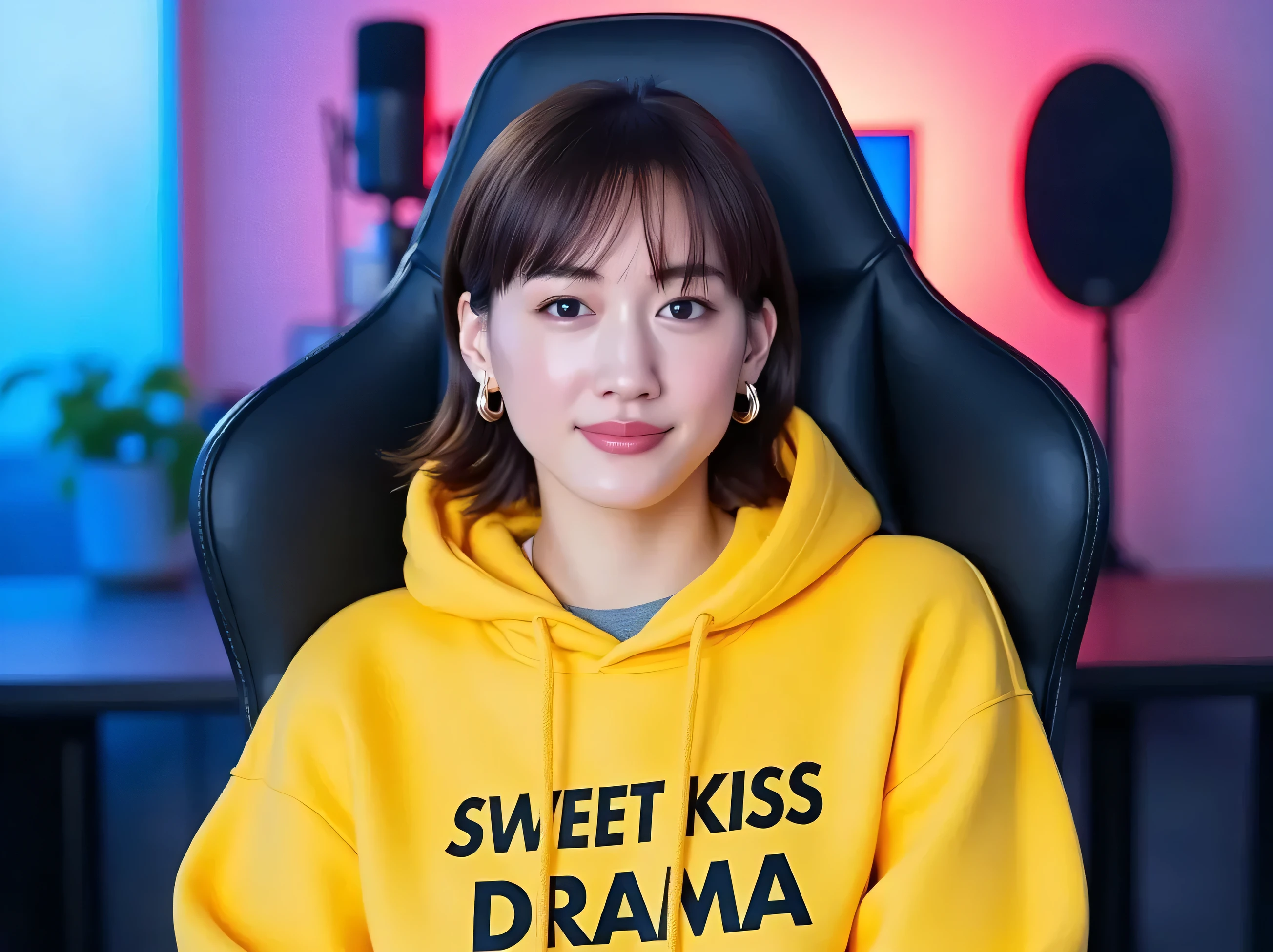 An Chinese Female Actress sitting confidently on a modern gaming chair in his YouTube studio. He is wearing a bright yellow hoodie with Sweet Kiss Drama boldly printed on it. His face is clearly visible, while looking directly at the camera. The studio background is illuminated with vibrant neon lights in shades of blue and pink, along with tech gadgets like a microphone, camera, and monitor, creating a professional and futuristic atmosphere