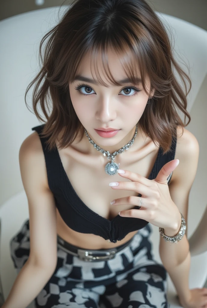 a beautiful young korean idol woman, 1girl, extremely detailed eyes, long eyelashes, beautiful detailed lips, flawless skin, elegant expression, intricate jewelry, detailed clothing, short bob blonde hair,   cleavage, small breasts, (best quality,4K,8K,highres,masterpiece:1.2),ultra-detailed,(realistic,photorealistic,photo-realistic:1.37),studio lighting,HDR,vivid colors,professional photography