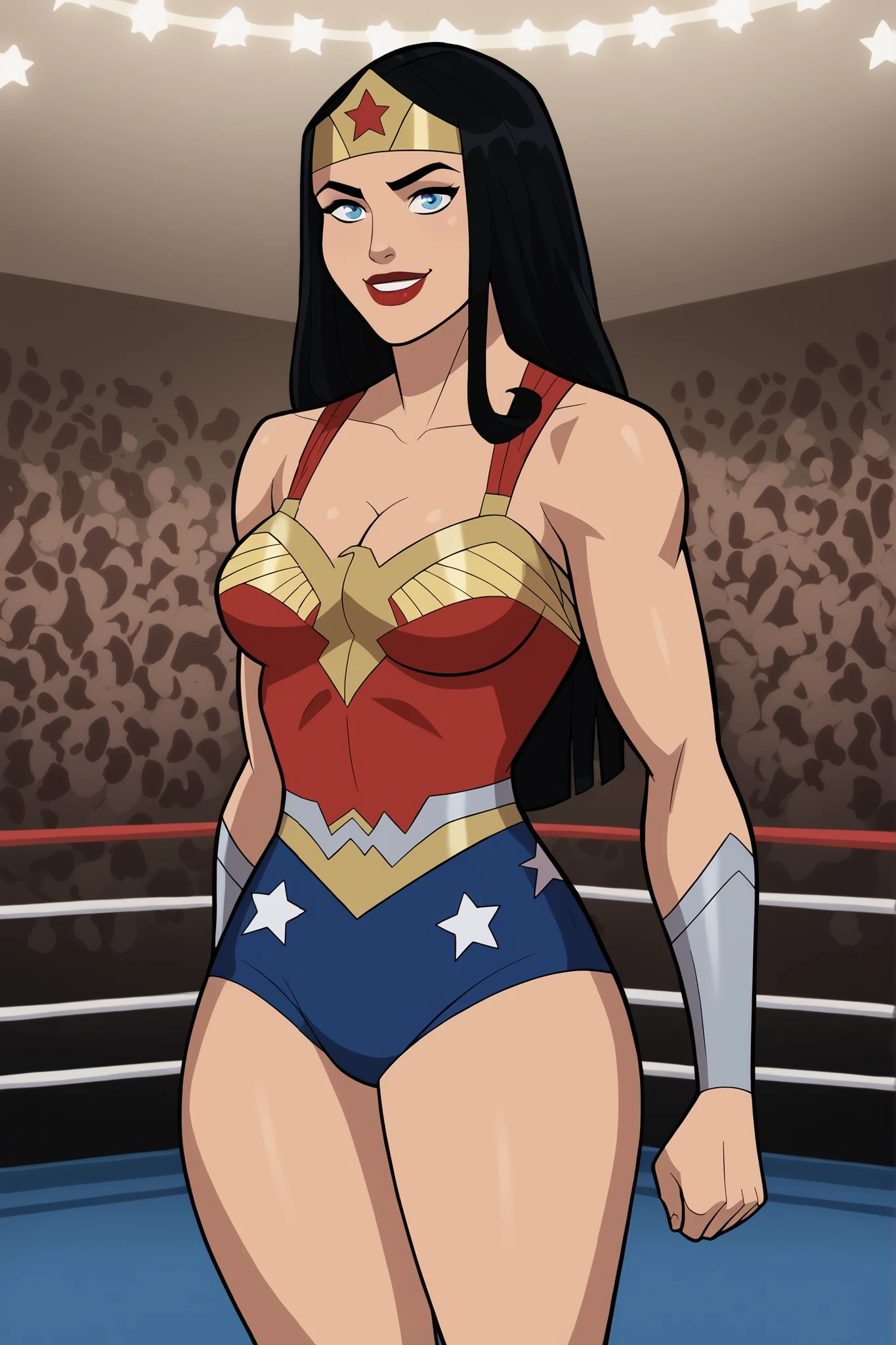 safe_pos, score_9, score_8_up, score_7_up, score_6_up, BREAK, solo, 1girl, wonderwoman, long hair, black hair, blue eyes, tiara, large breasts, cleavage, curvy, athletic, smile, happy expression, looking at viewer, wide hips, lipstick, makeup, standing, hands on waist, model pose, red wrestling singlet, indoors, wrestling ring, gym, bedroom eyes, star print