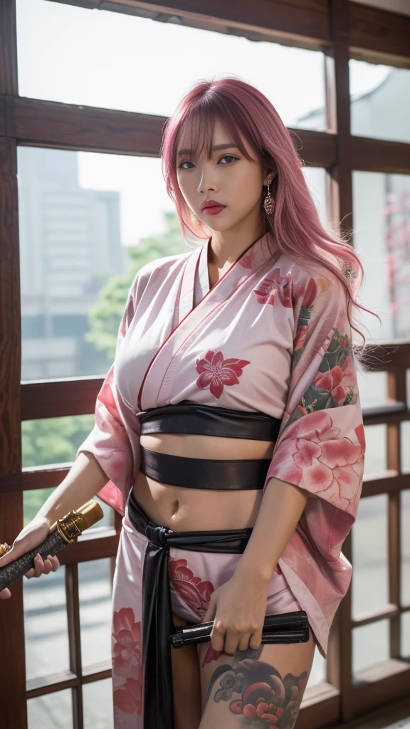 Beautiful Chinese woman, (16 years old), cute face, red lips, white moist skin, moles, under-eye bags,
BREAK,
Feminine body with high athletic ability, Body of a female fitness model, Feminine body with hard tones, (muscles: 1.2), (beautiful belly button),
BREAK,
Fighter, Kung Fu fighter, Idol,
BREAK,
(Wearing cute kimono: 1.3), (Kimono with high exposure: 1.3), (Red long boots 1.3), Necklace, Very large earrings, Short length,
BREAK,
Short hair, (Short bob hair), (Bangs: 1.2), (Pink hair: 1.3), (Wavy hair),
BREAK,
(Very large Japanese sword: 1.4), (Holding the handle of a Japanese sword in hand: 1.3), (Raising a very large Japanese sword: 1.2), (Getting into a fighting stance),
BREAK,
(Japanese tattoo: 1.4),
BREAK,
Masterpiece, Perfect lighting, Ultra high resolution, 8K, (Highly detailed:1.4), (Front view), Looking at camera, Melancholic expression,
BREAK,
(Tokyo city, lots of people in background), Japanese city background,