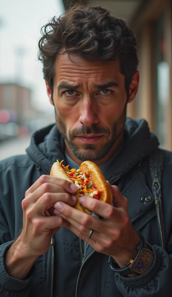 Leopard man eating a hot dog in the city，Wearing a T-shirt，masterpiece、Highest quality，Fantasy，live-action，The body is covered with hair