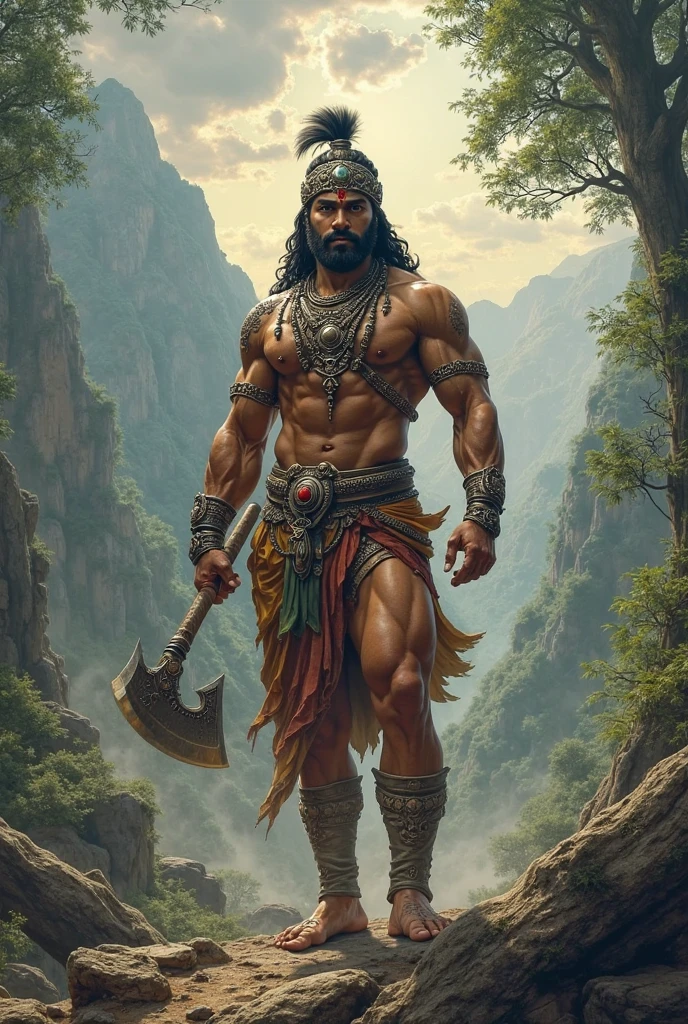 A man with 9 fit height with great musle build
He is from ancient times. He is a avatar of god. Having two sided axe in one hand and arch in another hand with long hair and beard wearing tiger skin and mardani dhoti