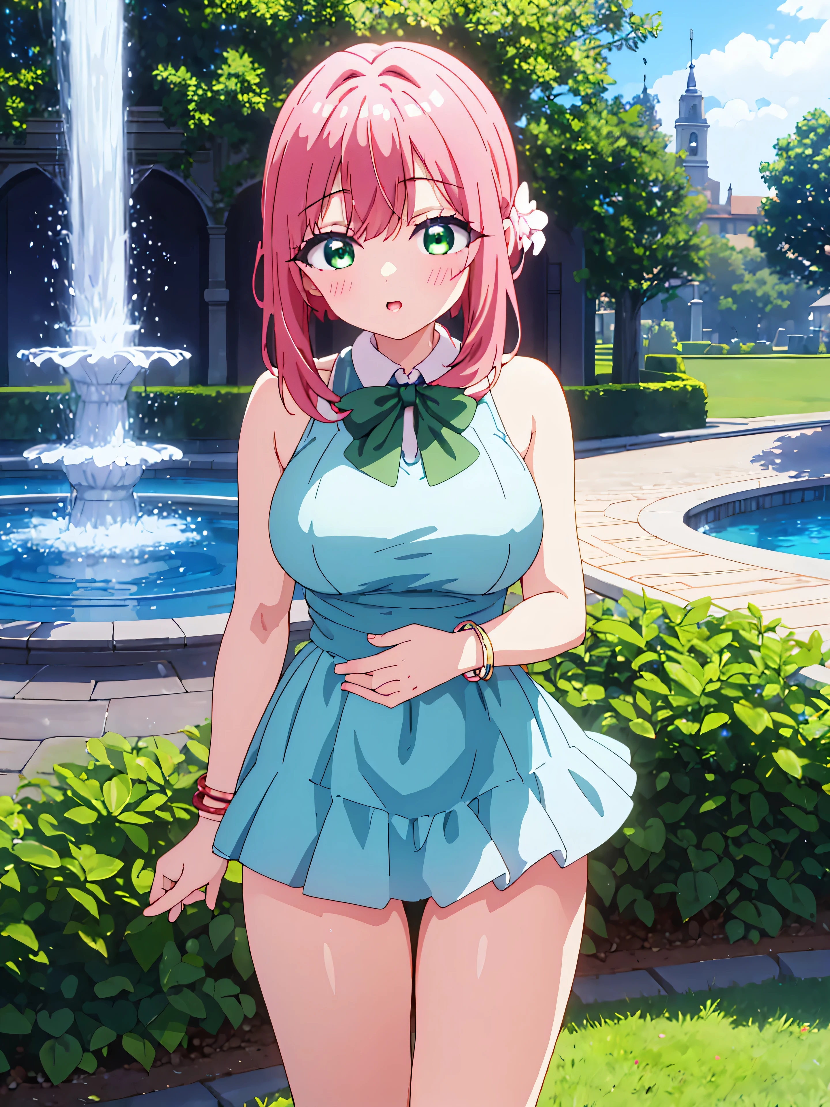 Highly detailed, high quality, masterpiece, beautiful, (all photo shooting), girl  student, perfect eyes, green eyes, light eyes, blushing face, happy face, big thighs, medium breast, short stature, long hair, pink hair, with bracelet on hand, bow in hair, headband, with short swimsuit, with panties stuck between vagina, shows full panties, sexy, background image in a garden with a fountain