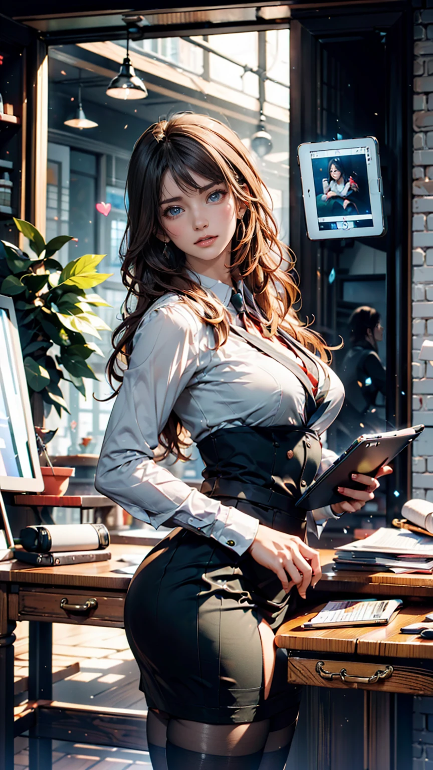 ((masterpiece, Highest)), (One girl), (Mature Woman), Light pink hair, A seduction with exposed breasts, sprawled out, (Office Lady), bangs, Big Breasts, slim, smile, [Wide Hips], Are standing, got it  (Blue File), 8K quality, Sexy seduction, (open neck suit)、Business district