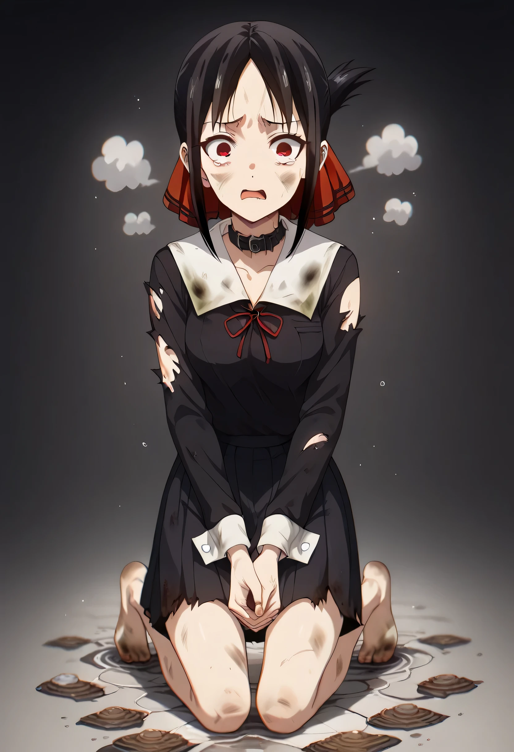 artwork, Top quality, a woman alone,  Kaguya Shinomiya , Love is War, black hair, medium breasts, scared expression, red eyes, stare, black shirt, school skirt, torn and dirty clothes, bare feet, Rollo pet collar, full body, kneeling on the floor,  hands together, black background, a lot of steam, trapped inside a clear bottle, full body dentro del frasco 