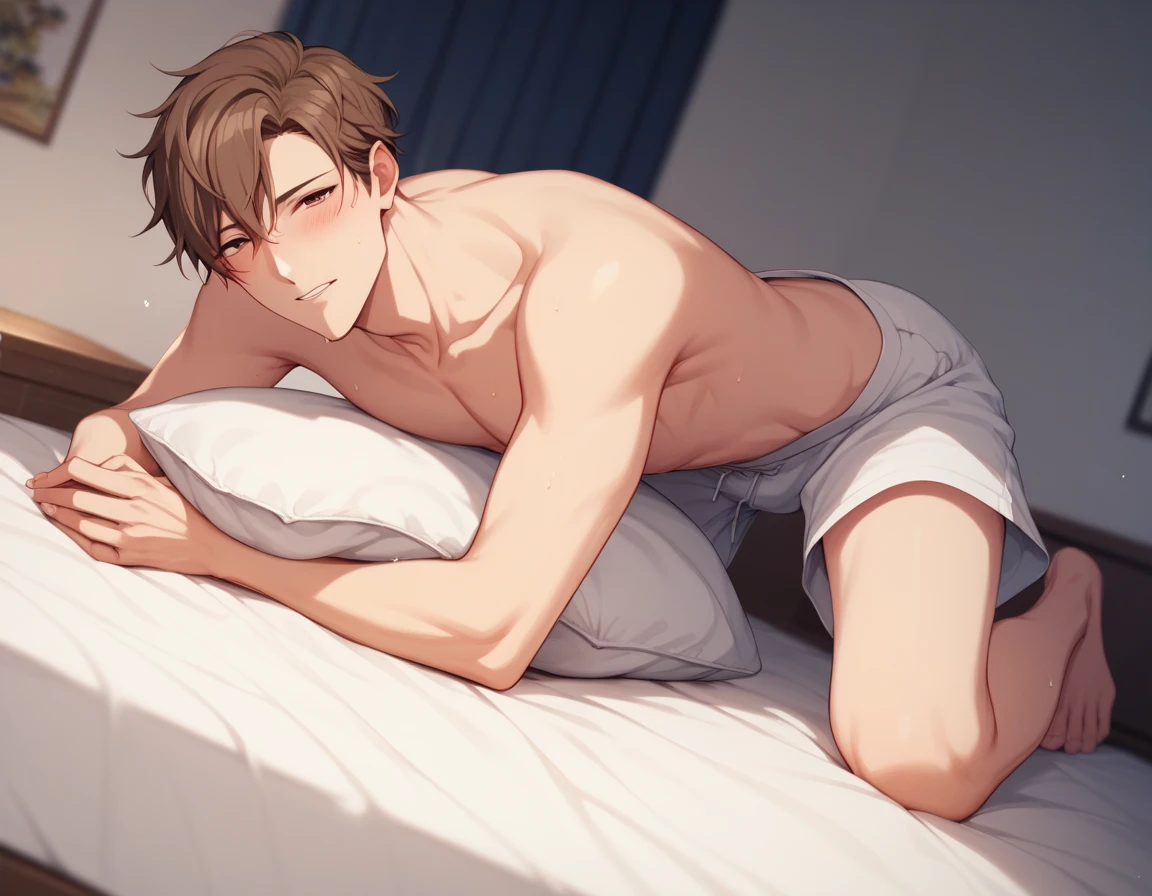Boy, brown hair, boxers, lying on bed, holding phone, night time, lamp,, bedtime, in bed