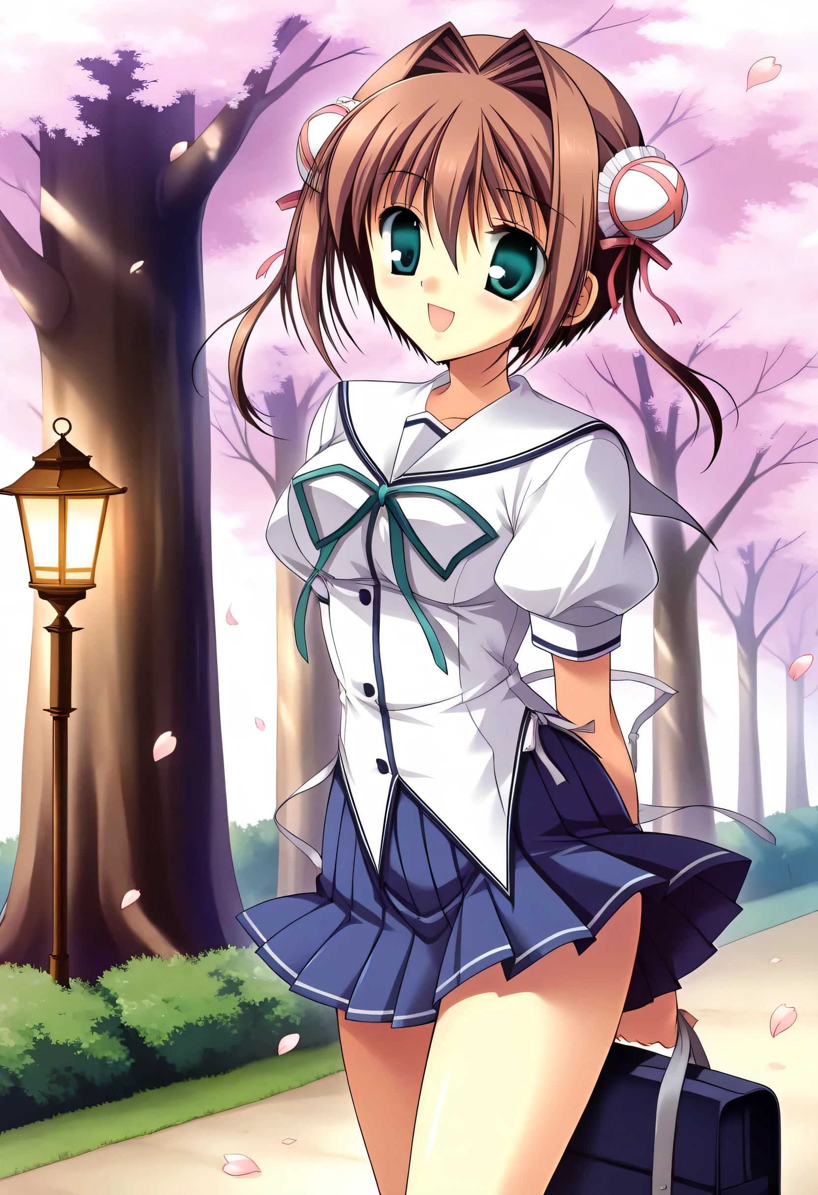 yume,score_9,score_8_up,score_7_up,sauce_anime,1 girl,(small medium breasts),day,close one eye,standing,forward leaning posture,white school uniform,serafuku,short sleeves,Lantern sleeves,blue pleated miniskirt,school bag,tree,cherry blossoms,petals,smile,:d,