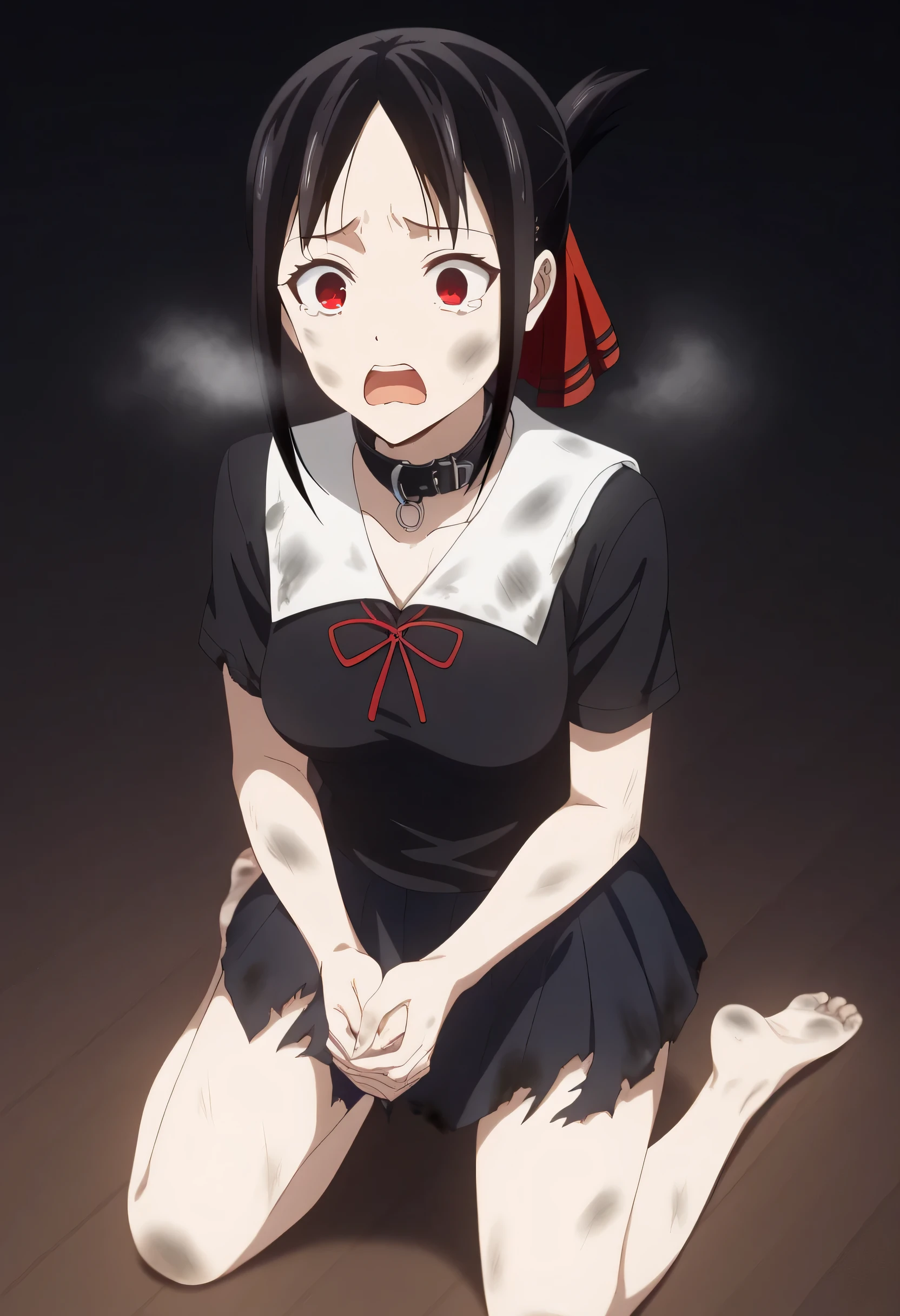 artwork, Top quality, a woman alone,  Kaguya Shinomiya , Love is War, black hair, medium breasts, scared expression, red eyes, stare, black shirt, school skirt, torn and dirty clothes, bare feet, Rollo pet collar, full body, kneeling on the floor,  hands together, black background, a lot of steam