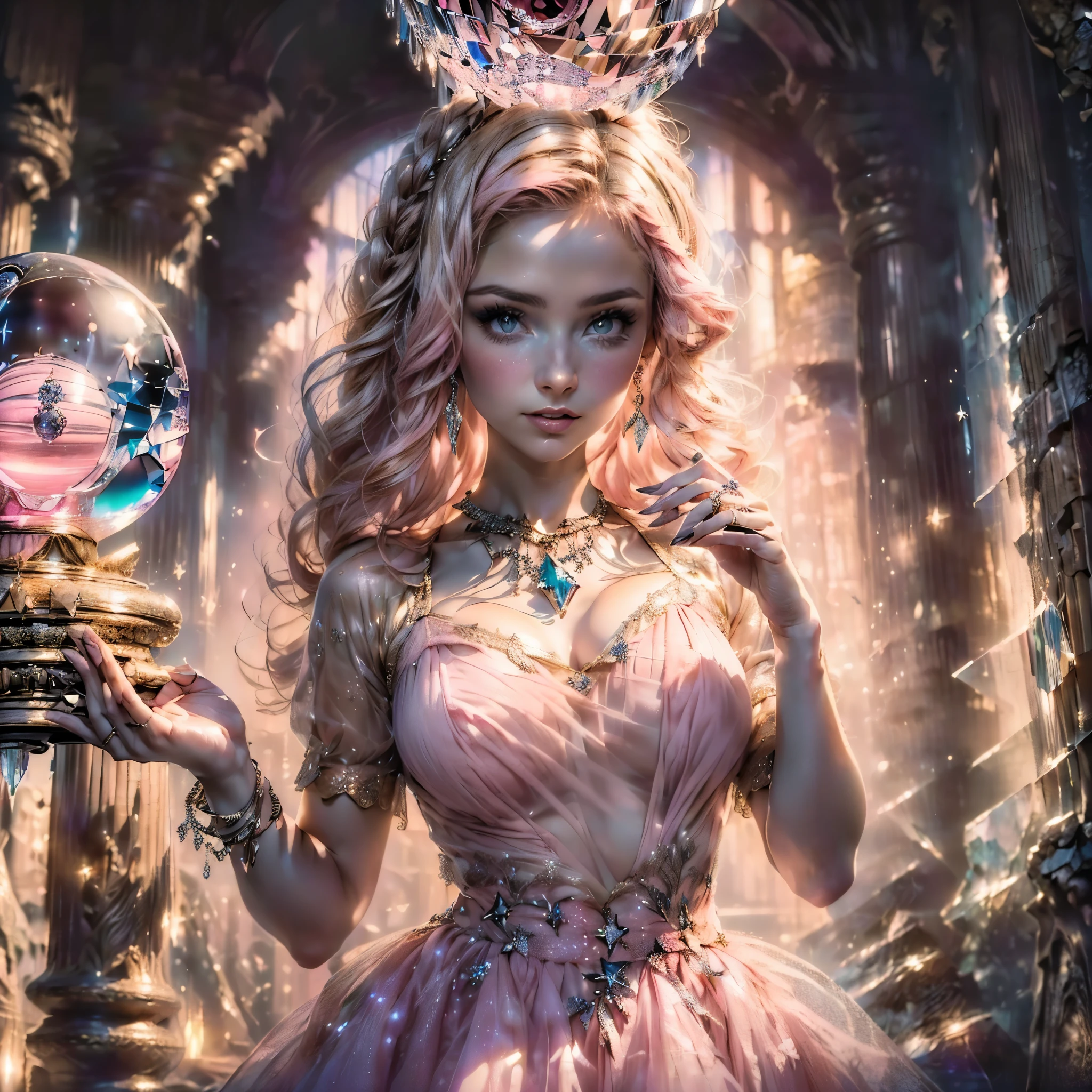 In the heart of San Francisco, a crystal-clear dome encloses a futuristic garden where vibrant flowers bloom under the watchful gaze of a girl with eyes that sparkle like the cosmos, tending to the otherworldly flora, a fusion of natural beauty and technological wonder.