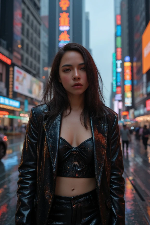 [[((young attractive Asian woman with strong facial features, a brown tanned complexion, long straight dark hair with subtle highlights, striking almond-shaped dark brown eyes, and a  frame:1.6)), ((wearing neon-colored urban streetwear, consisting of a vibrant jacket with abstract patterns, a sleek white top, and hoop earrings:1.4)), standing confidently in a bustling city street at night, illuminated by colorful neon lights. The background features a dynamic, lively atmosphere with bright, vibrant city lights and neon signs. The scene is captured with a ((full-frame DSLR:1.4)) using a ((50mm prime lens:1.4)) for a close-up, cinematic perspective. Professional lighting enhances her natural features and the glowing city lights. The image should be in ((8K resolution:1.5)) with ((hyper-realistic detail:1.6)). The focus is on the woman’s stylish urban outfit, her confident pose, and the captivating neon-lit background, creating a stunning, cinematic effect.]]