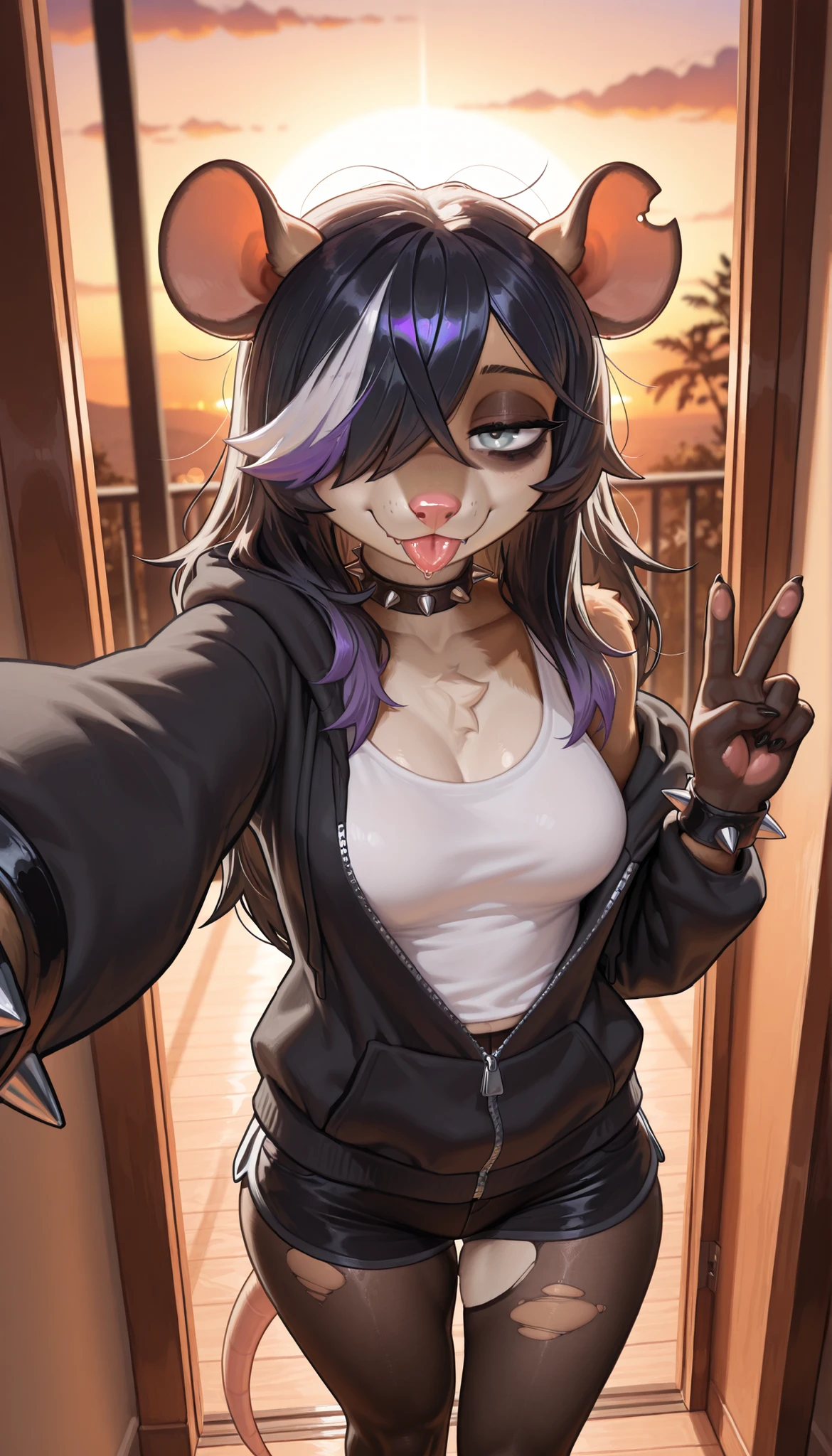 masterpiece, best quality, amazing quality, very aesthetic, high resolution, ultra-detailed, absurdres, newest, scenery, 1girl, possum, furry female, grey eyes, black hair (purple highlights) (white highlights), messy hair, long hair, (19-year-old girl), closed mouth, looking at the viewer, cocky smile, tail, medium breast, thighs, hips, black pantyhose, torn pantyhose, black shorts, black hoodie, (unzipped hoodie), baggy hoodie, single off shoulder, emo, ghotic, female focus, contrast lighting, side lighting, masterpiece, best quality, newest, absurdres, highres, amazing quality, very aesthetic, bedroom setting, cute eyes, no lineart, cinematic, dynamic angle, solo, sunset, ambient lighting, bedroom, taking a selfie, from above, v, spiked choker, spiked wristband, black eye shadow, half-closed eyes, bored expression, tounge out, hair over eye, baggy eyes, tired eyes, depressed, white tank top