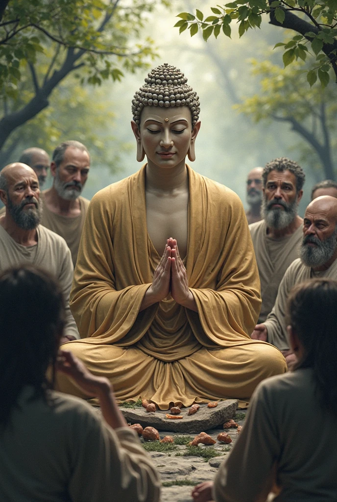 Disciples looking worried and asking Buddha** – Disciples with concerned expressions, questioning Buddha.