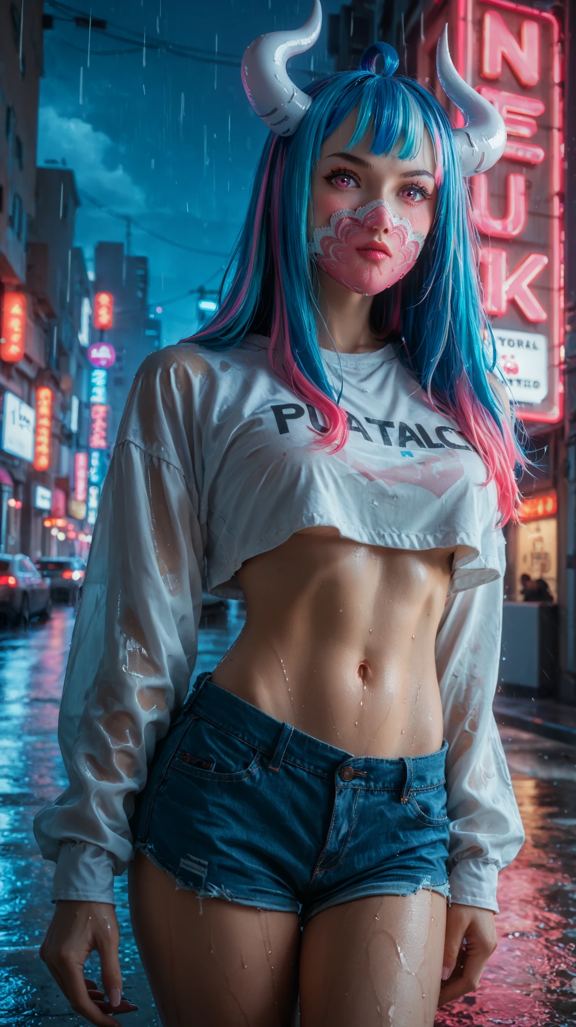 Ulti Solo, horns, pink eyes, hair. Long hair, multicolored hair, bangs, ahoge, face, mask, crop top, short shorts, flat and toned stomach, night, soft lighting, set in a futuristic Japanese city, neon signs, rainy streets, wet asphalt, cinematic atmosphere, bright highlights, looking at viewer, blushing, white horns, blue hair, pink highlights