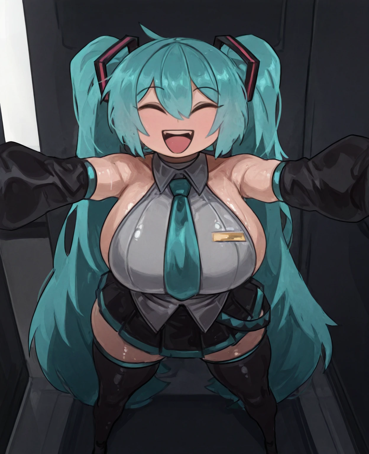 prison room,ossan,hatsune miku,big breasts,bondages,cry,sfw,womb tattoos, Nipple protrusions,cowboy shot,