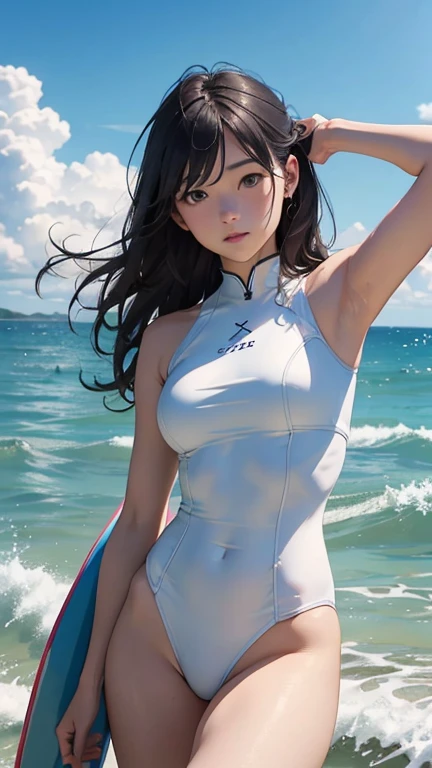 highest quality、Realistic、girl、zoom、Light blue eyes、Long Hair、Light blue swimsuit、Tanned black body、A well-trained body、muscle、Abdominal muscles、AthleteBlondeBlackSkin、slender、Sweat、Small breasts、Ocean、Bust Shot