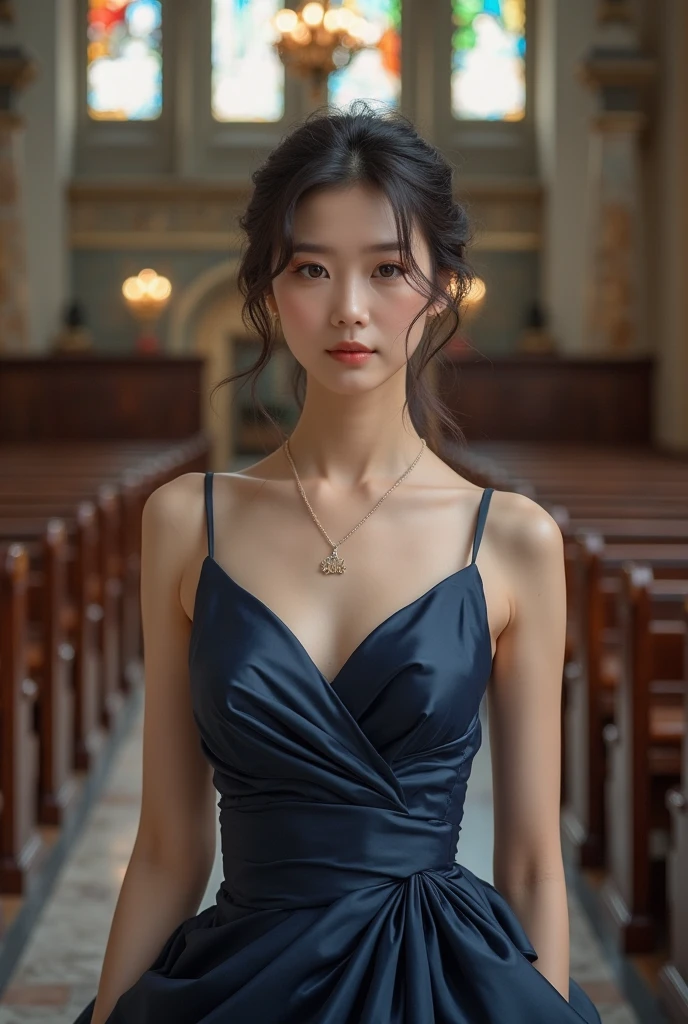 Highest quality, masterpiece, Ultra-high resolution, (Realistic:1.5), RAW Photos, 1 girl, Off the shoulder, In the Dark, Deep Shadow, Discreet keys, Cold Light, Sexy Looks, Gorgeous Dress、elegant necklace、((Small breasts))、Looking at the audience、